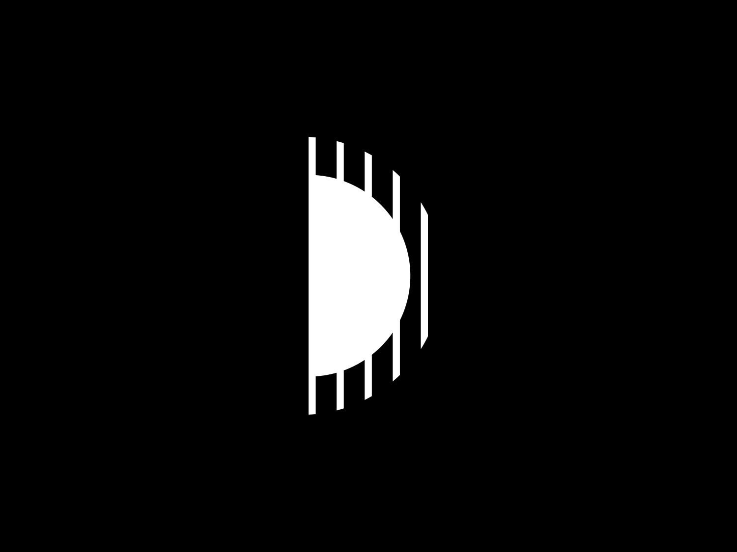 White half-circle and vertical stripe geometric icon on black