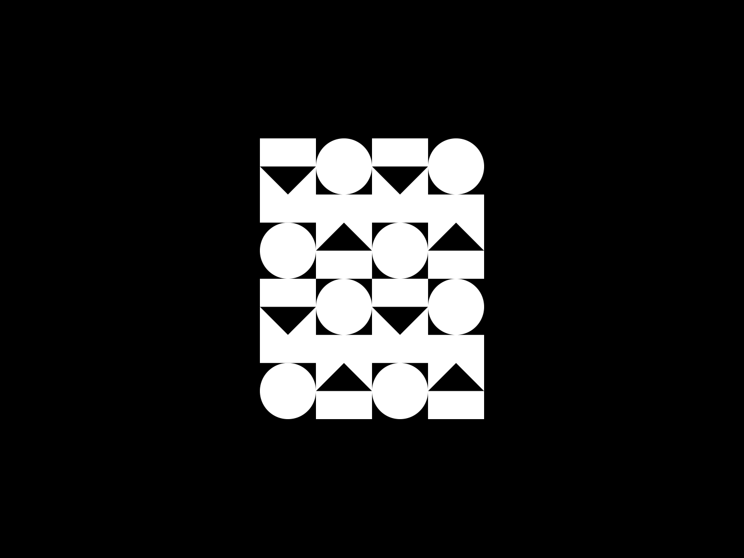 White geometric circle-and-triangle pattern contained in a vertical rectangle on black