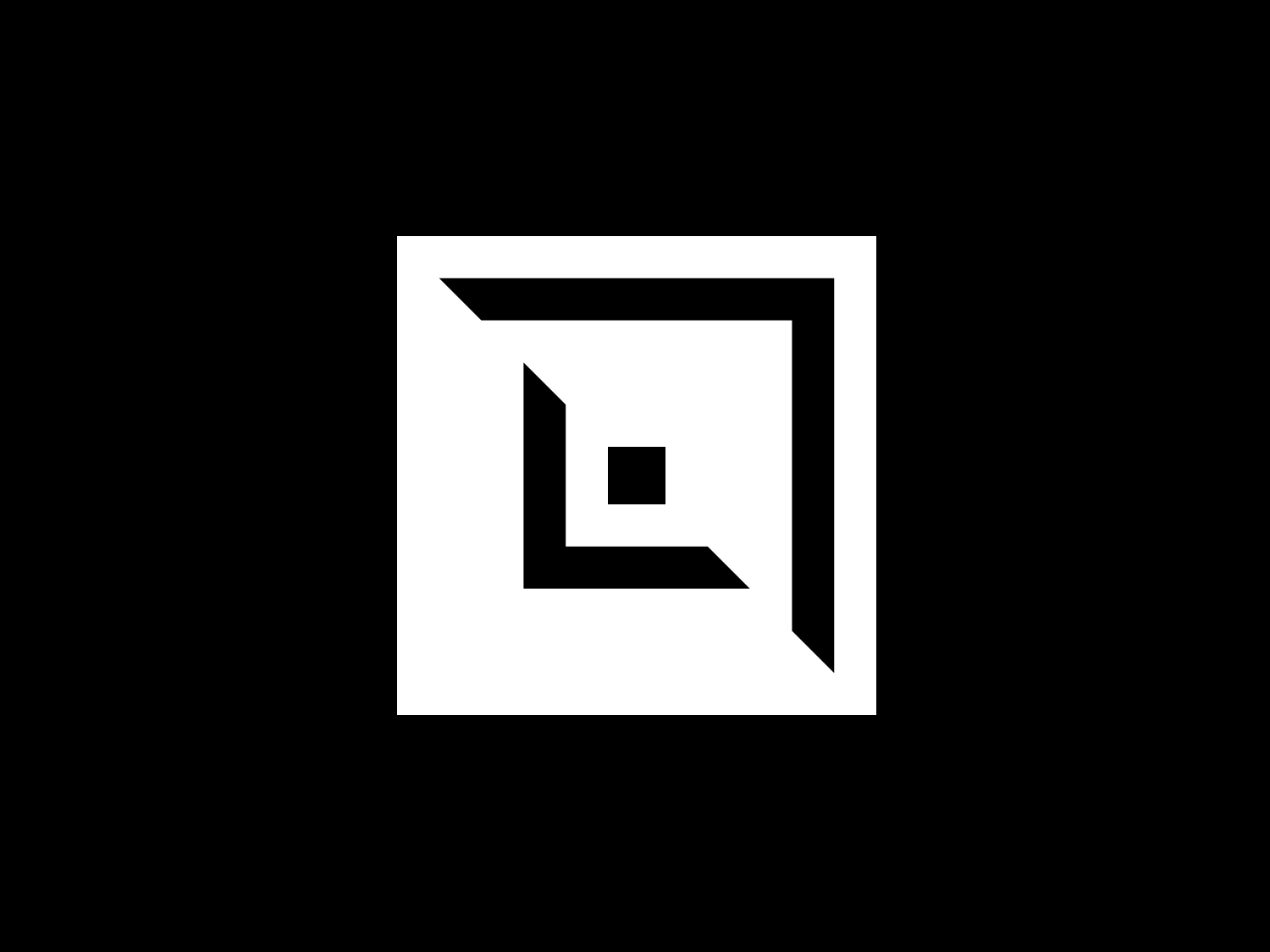 White angular square spiral icon on black