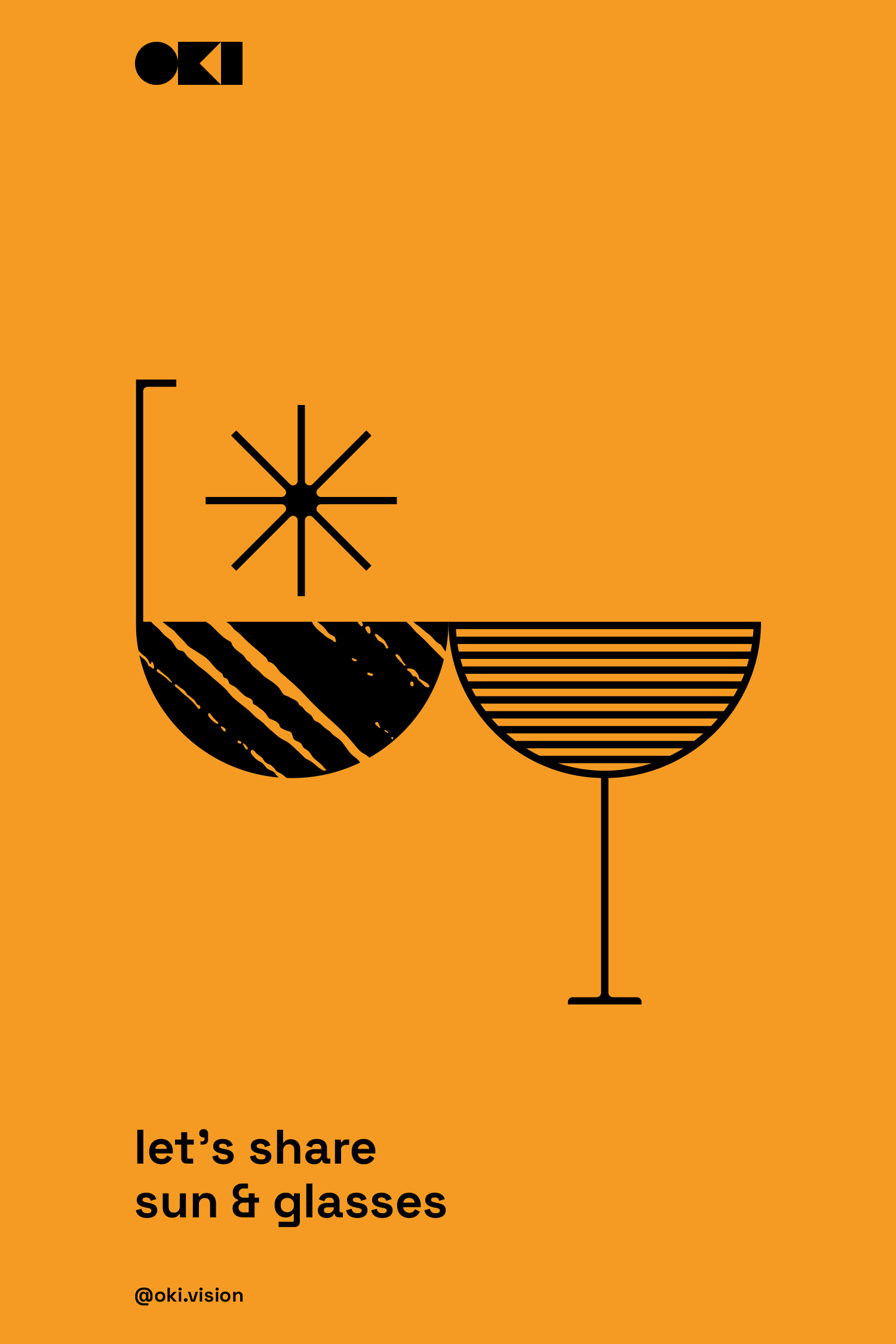 Orange Oki poster with stylised sun, bowl and wine glass icon