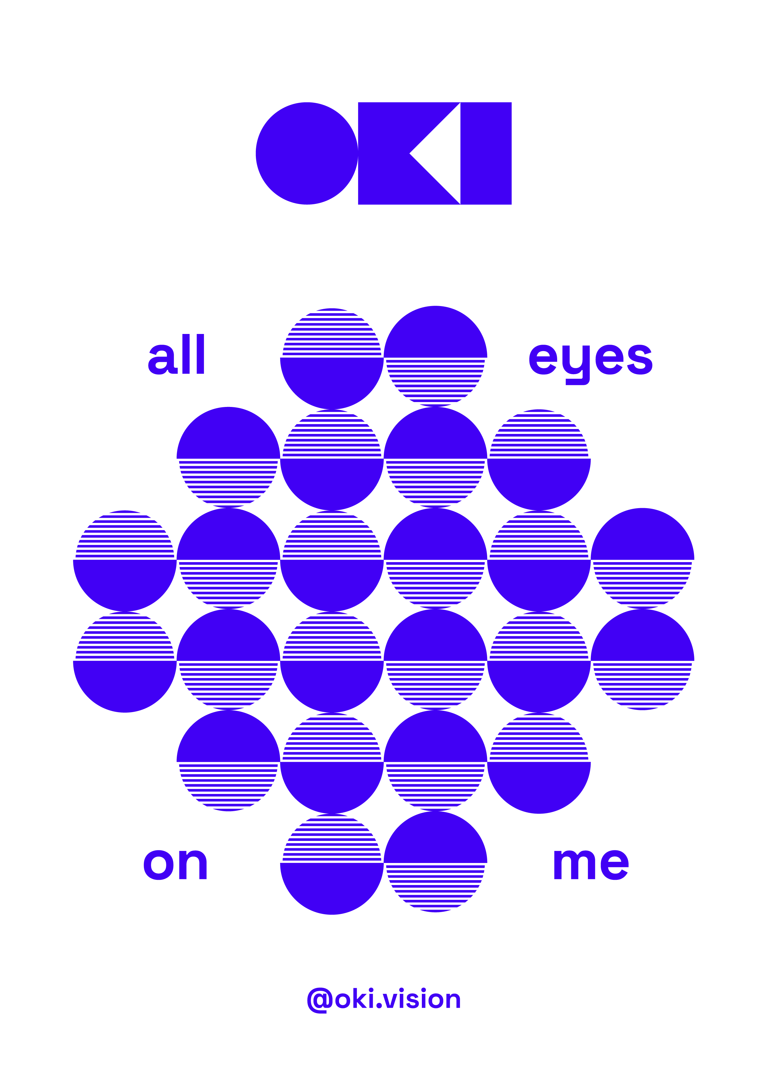 Purple Oki All Eyes on Me graphic built from rows of purple circle forms