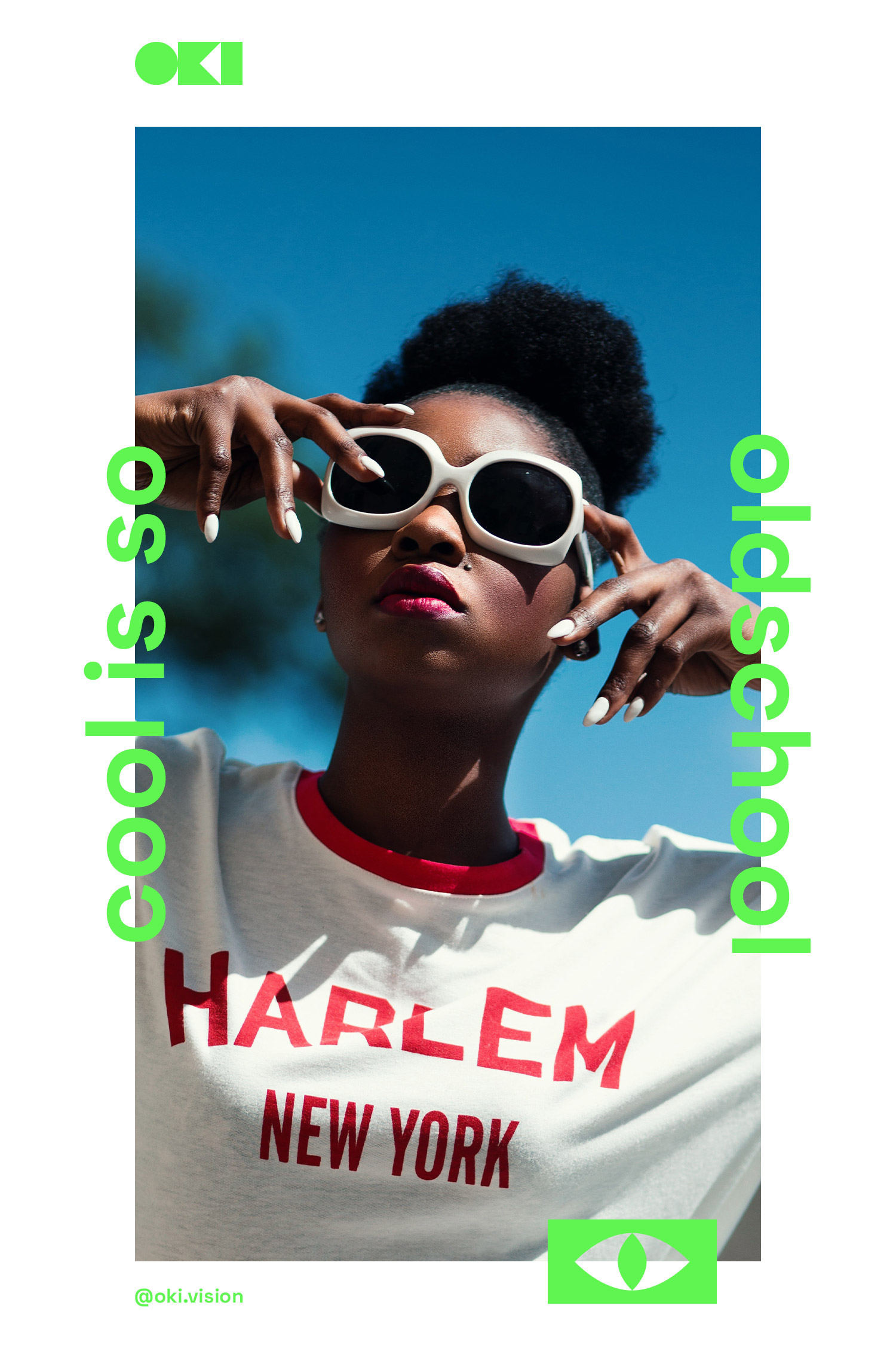 Oki Harlem New York poster with a sunglass-wearing person against blue sky