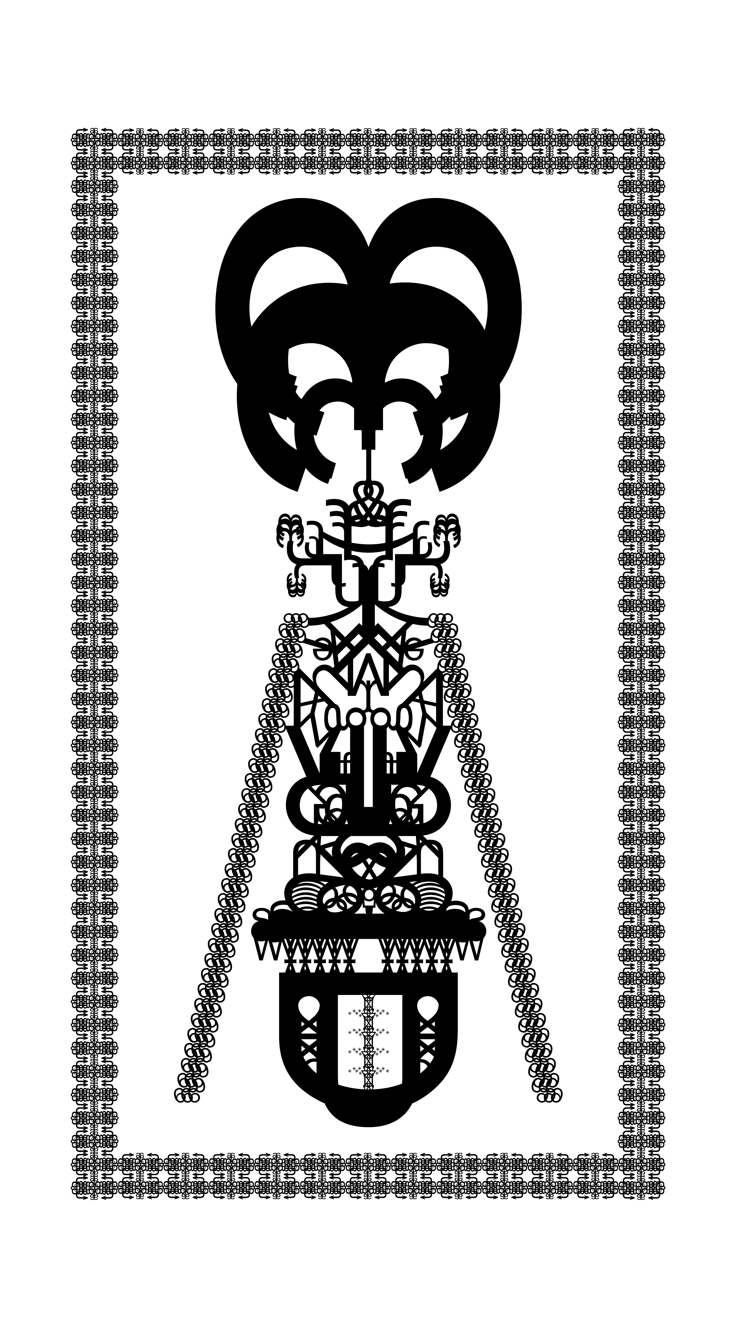 Black heart-shaped letterform construction inside a patterned border