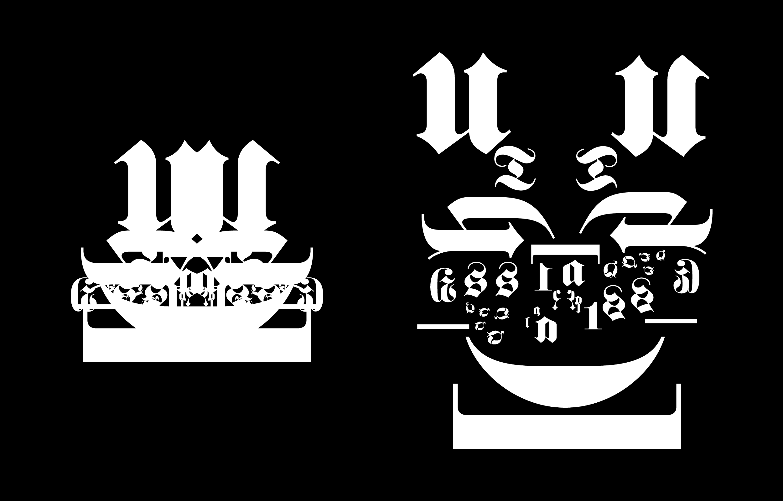 Two white ornamental letterform figures on a black background