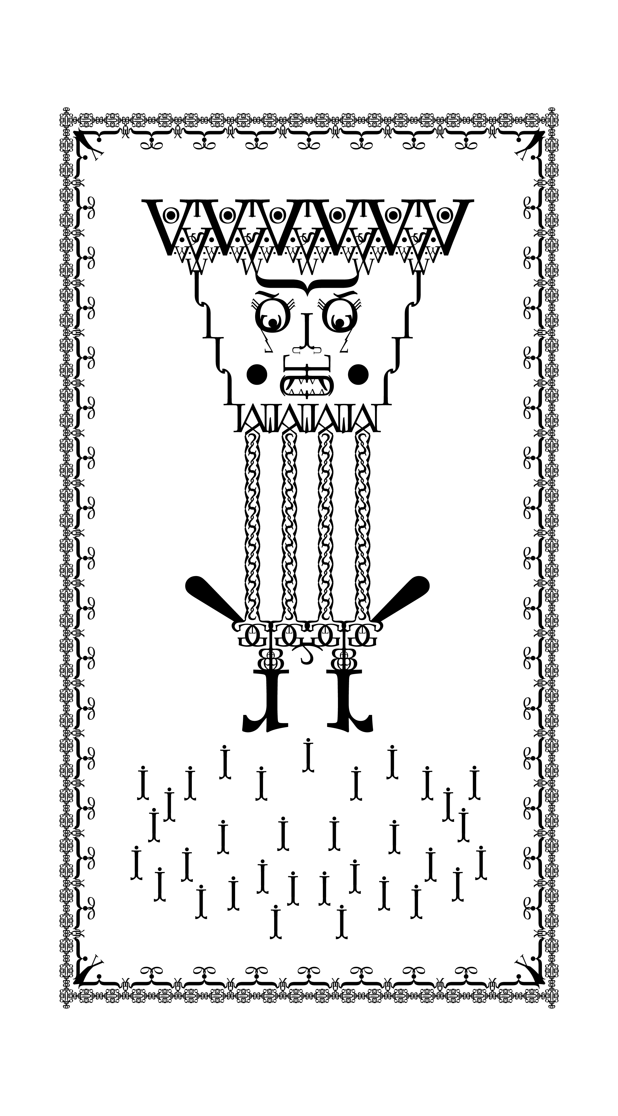 Black ornamental figure built from letters inside a patterned border