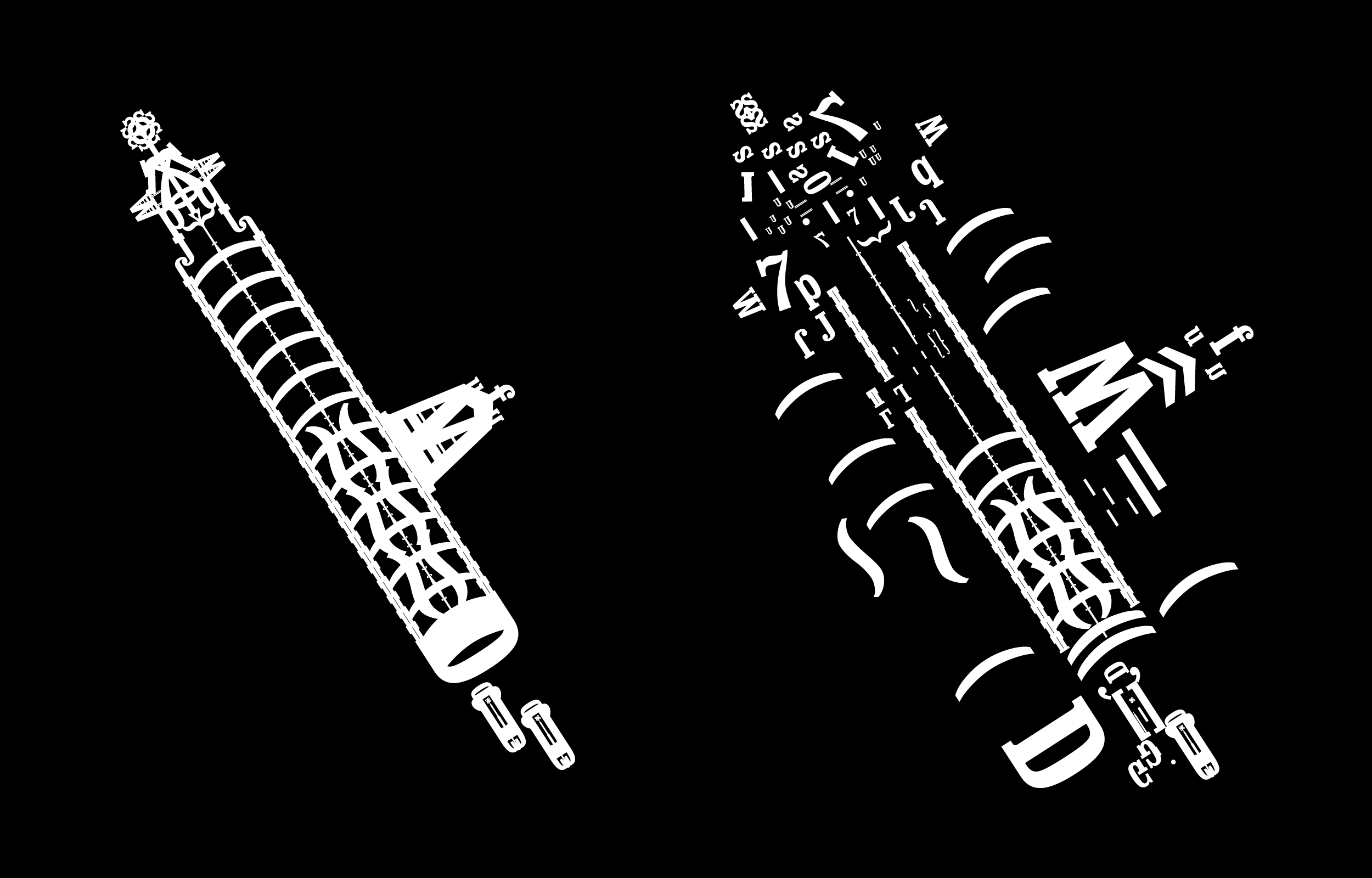 Two white diagonal letterform constructions on black