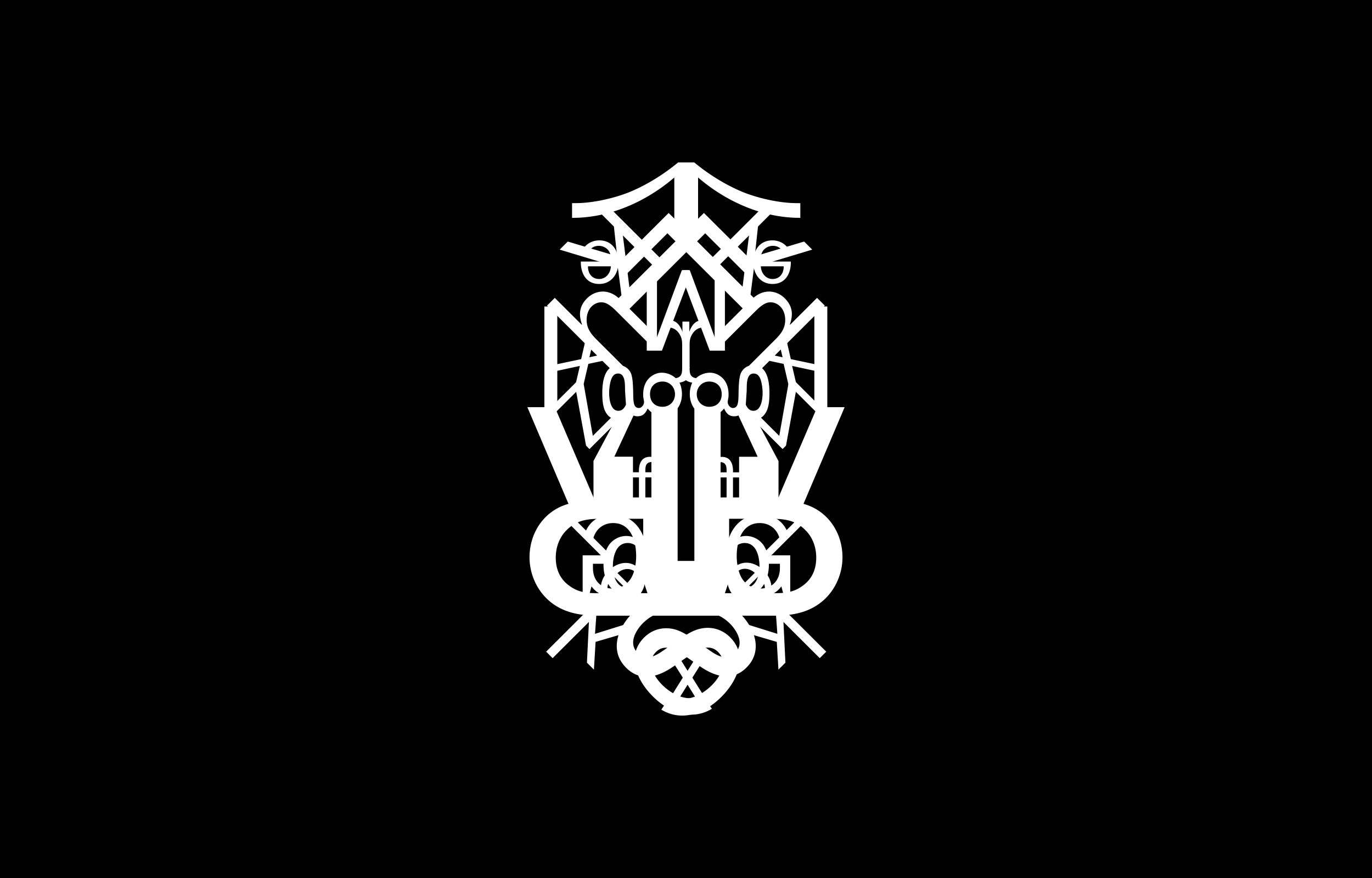 Two white letterform faces, one overlaid with scattered characters