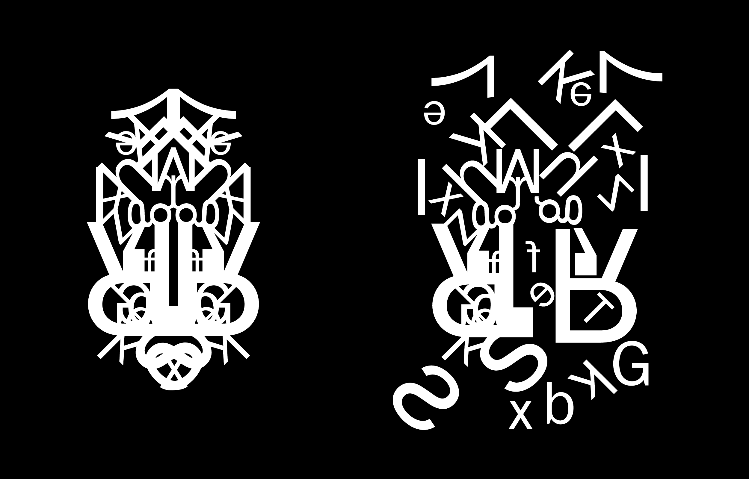 Two white letterform faces, one overlaid with scattered characters