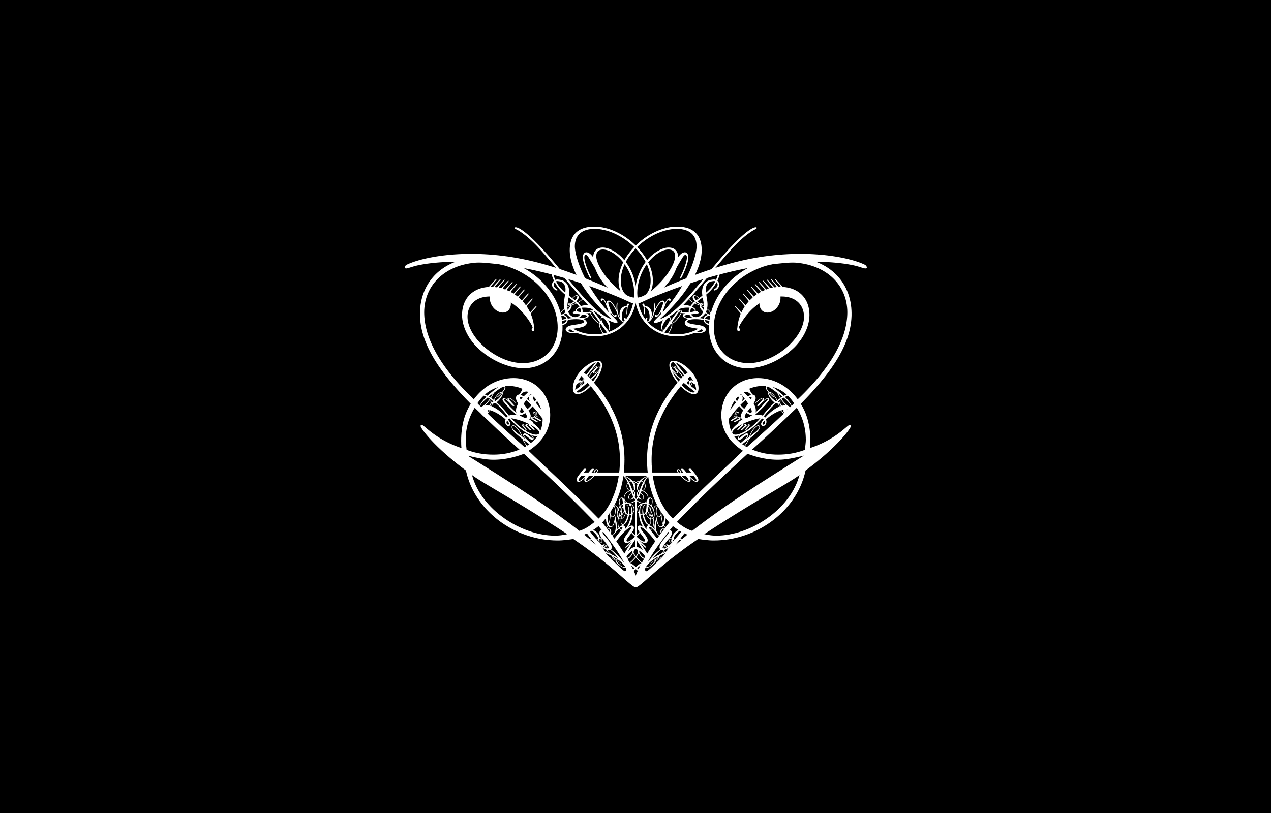 Two white swirling ornamental letterform designs on black