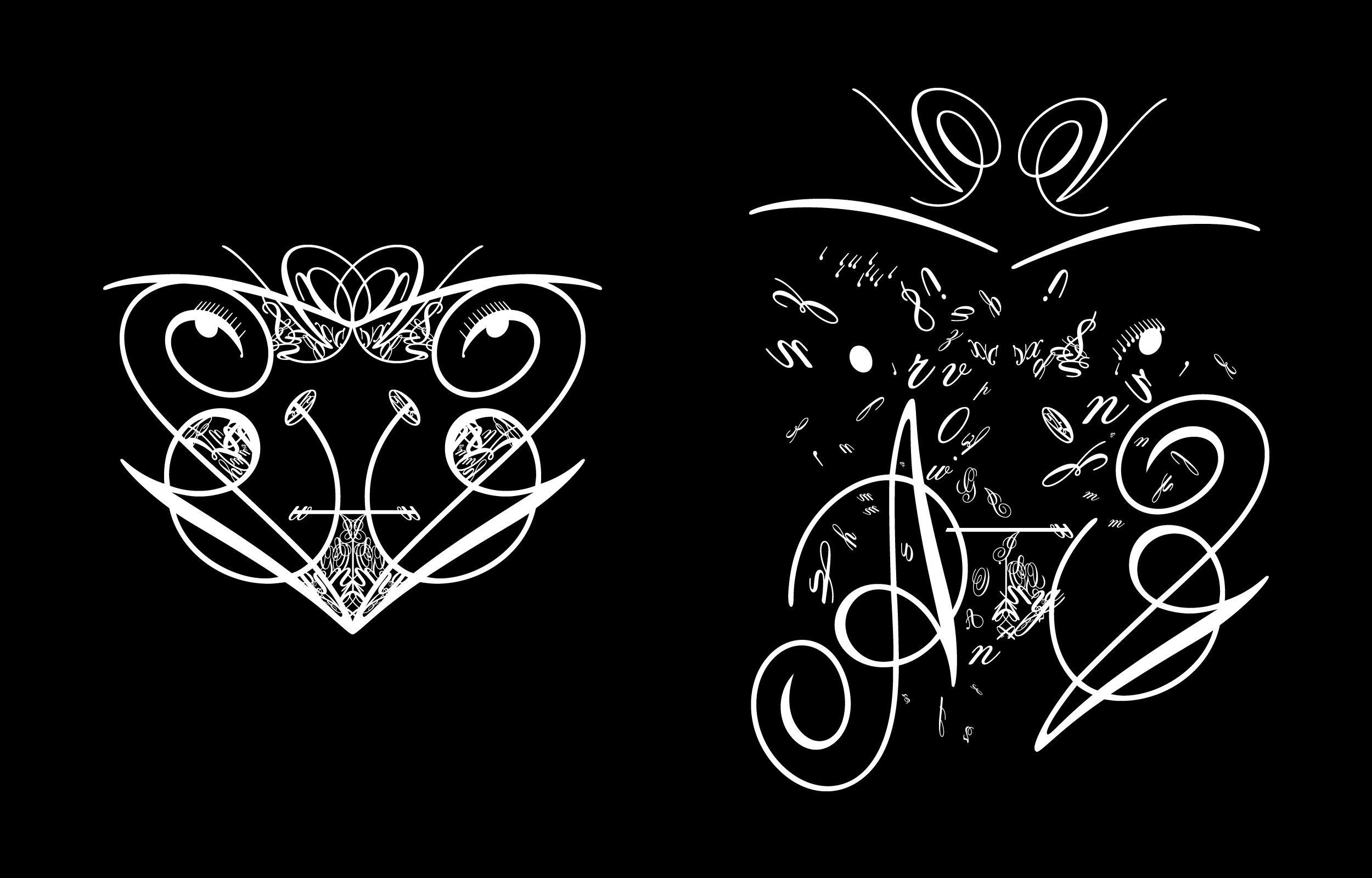 Two white swirling ornamental letterform designs on black