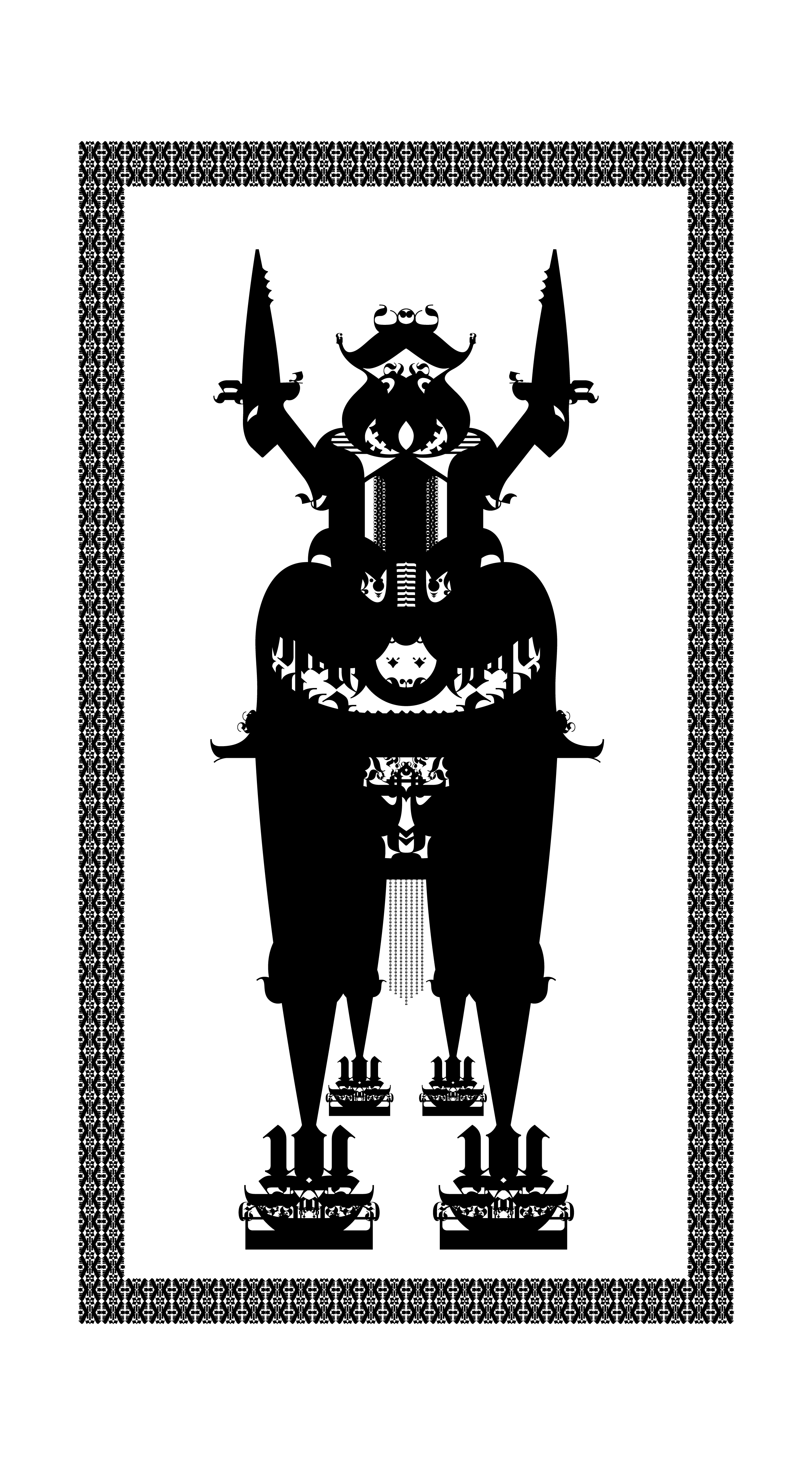 Black horned figure built from letters inside a patterned border