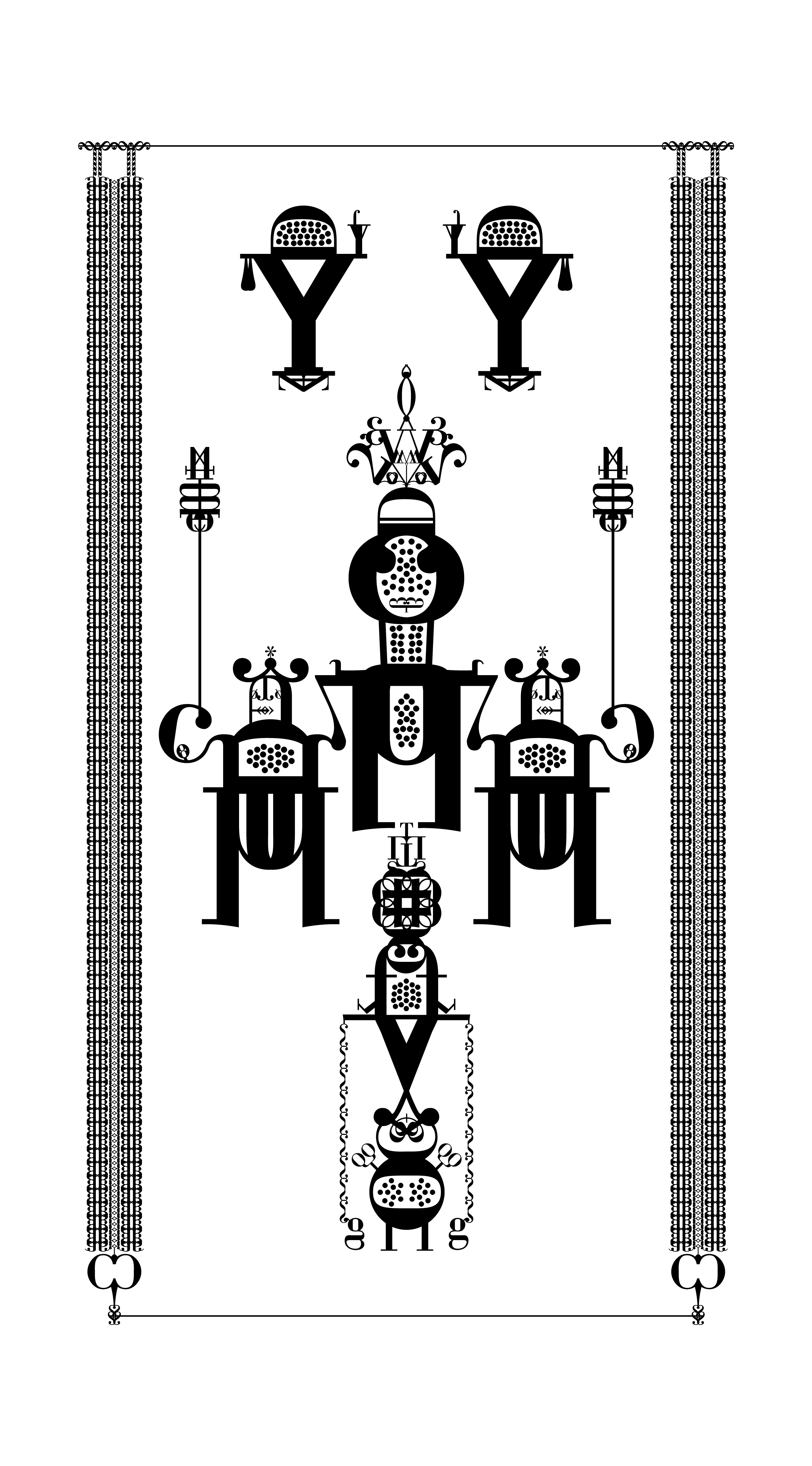 Symmetrical black letterform totem between two columns
