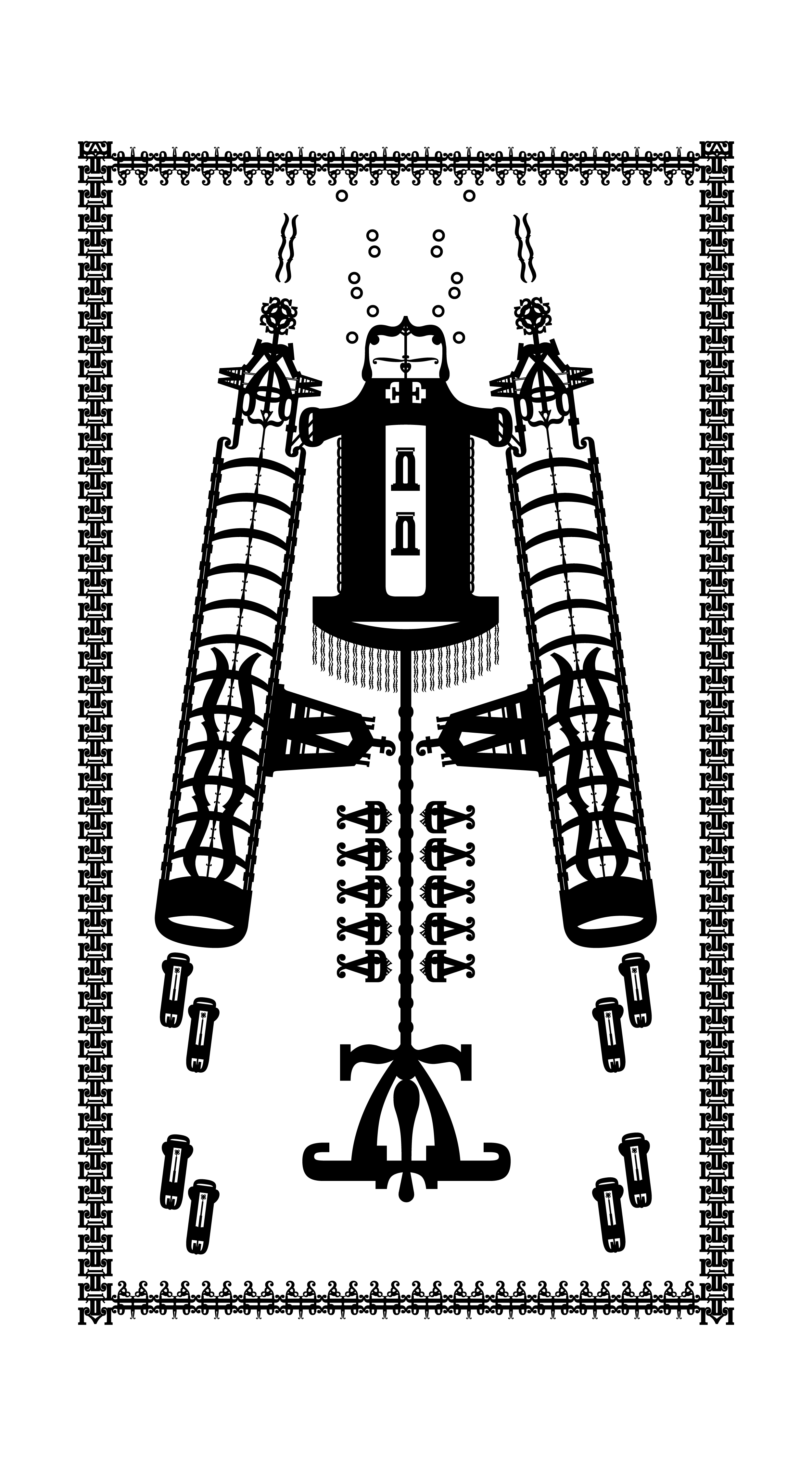 Black letterform totem with ladder-like shapes inside a patterned border