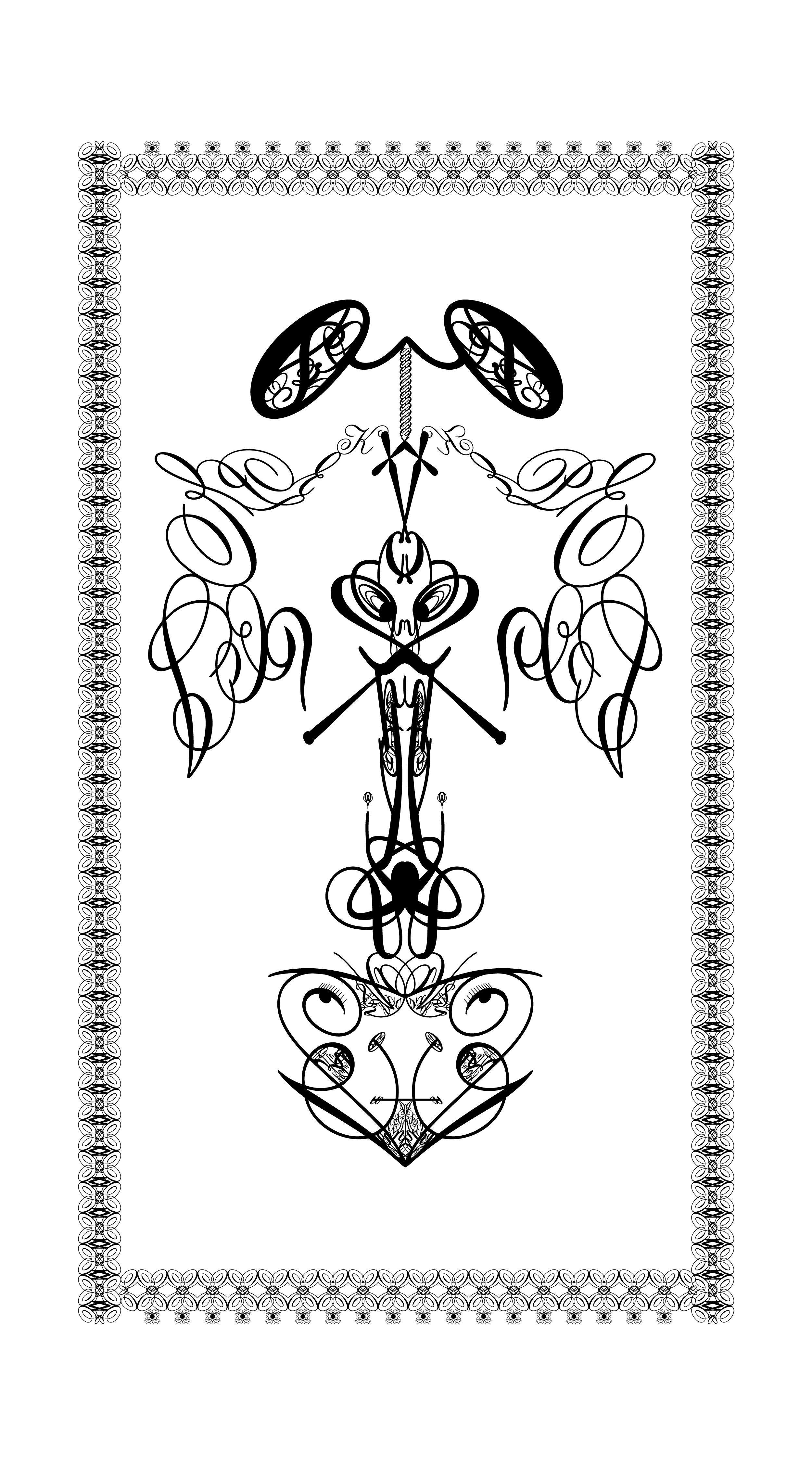 Delicate black floral letterform totem inside a patterned border