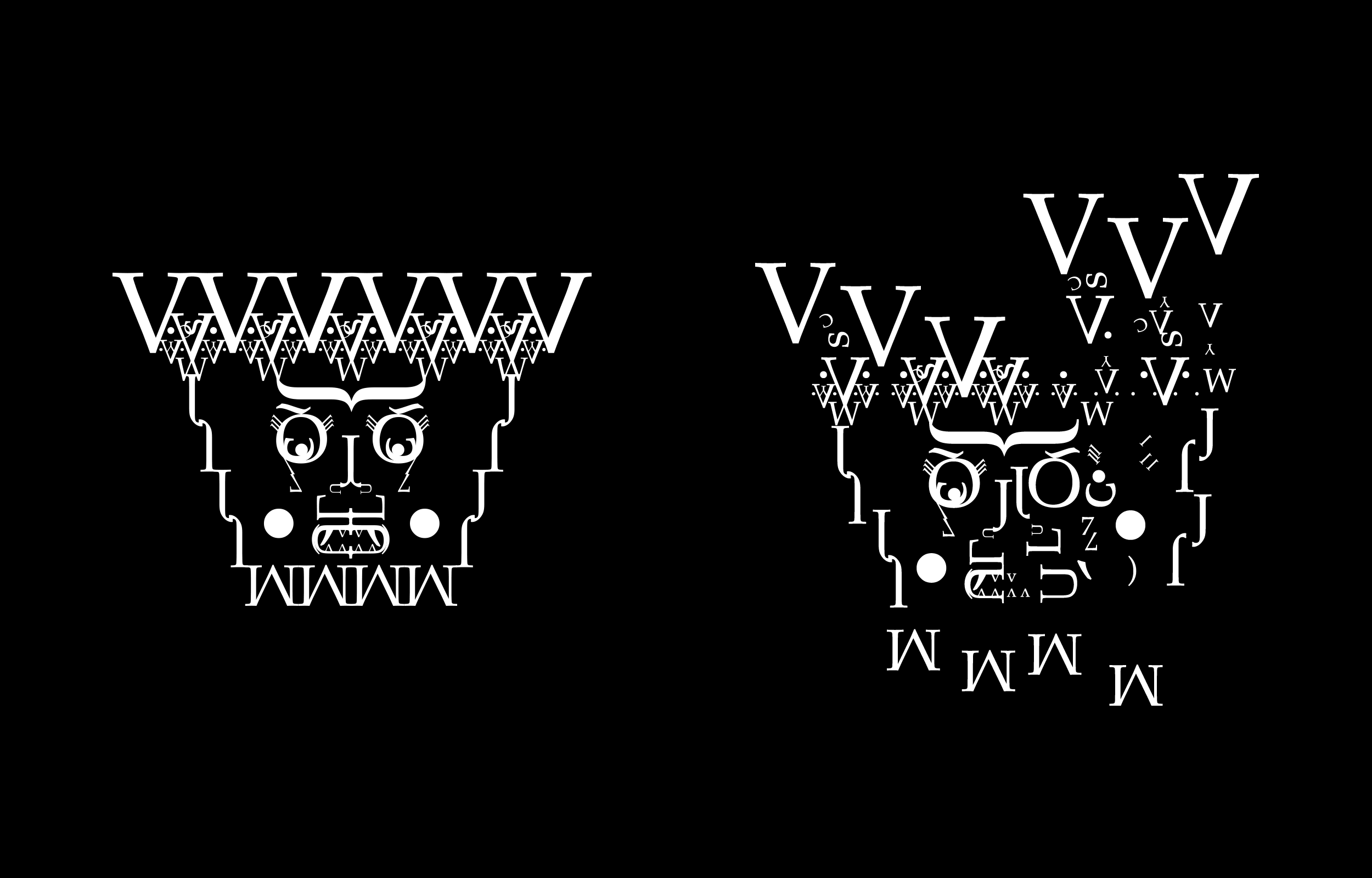 Two mirrored letterform figures on a black background