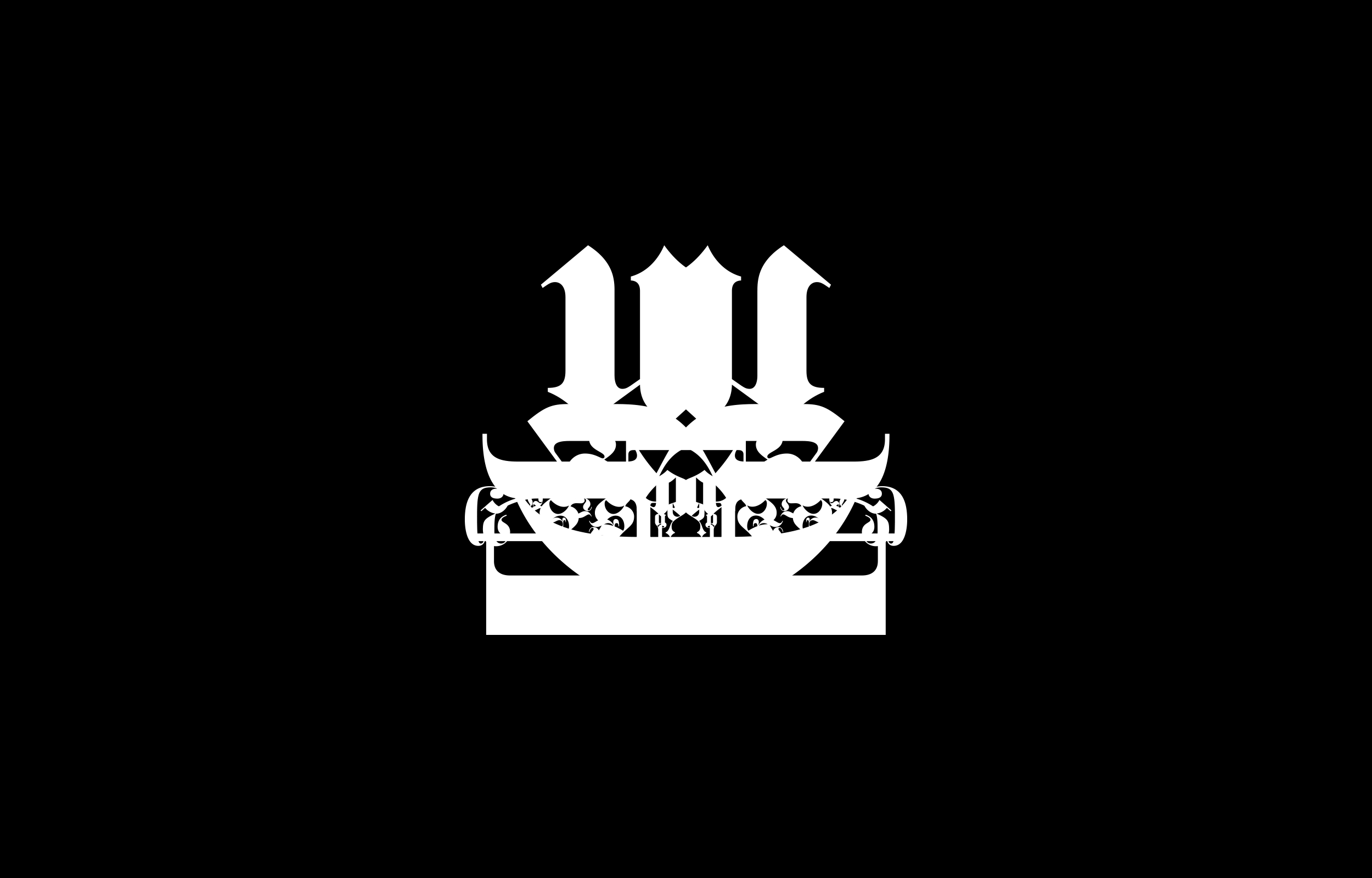 Two white ornamental letterform figures on a black background