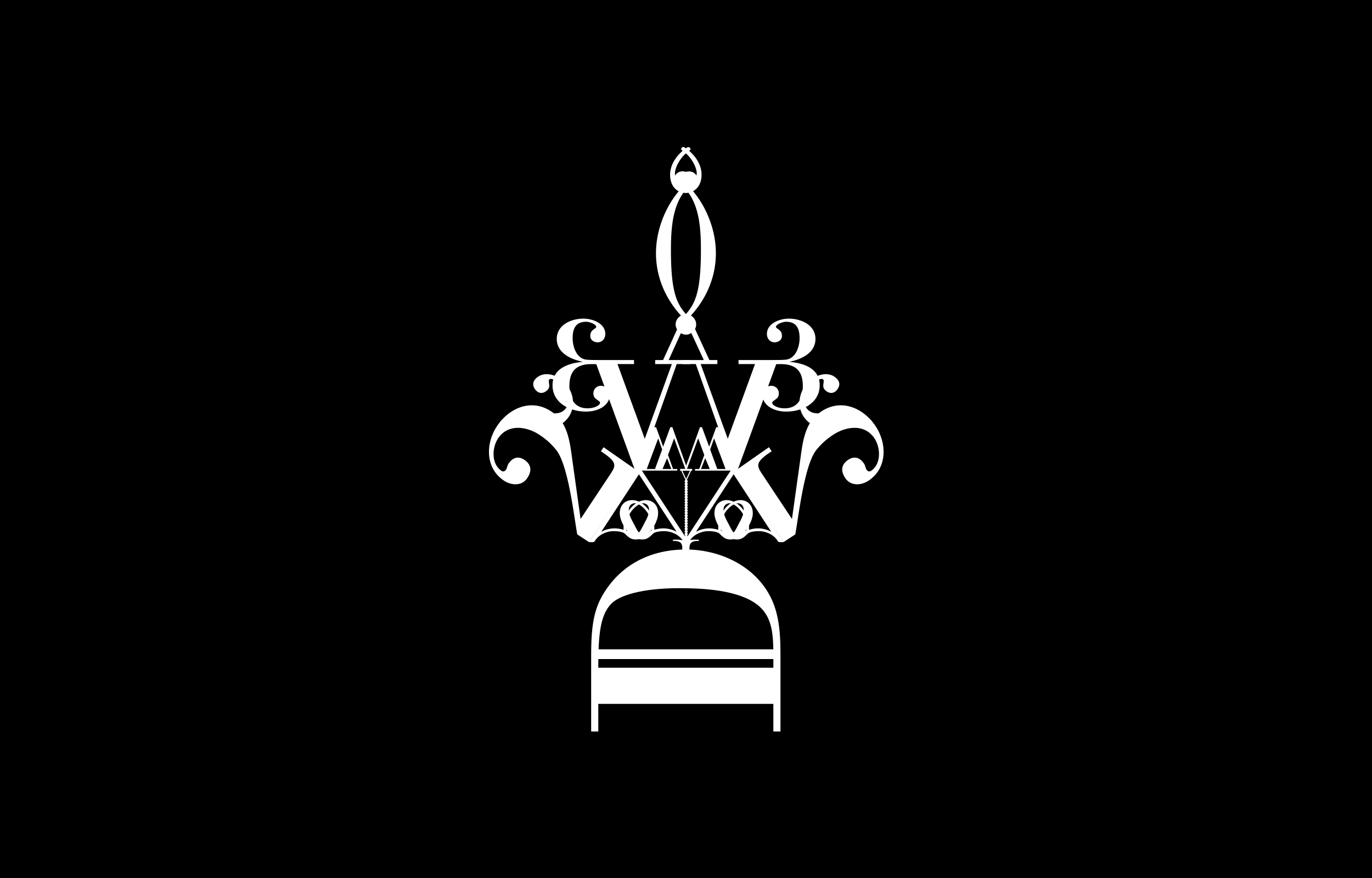Two white letterform constructions with curly flourishes on black