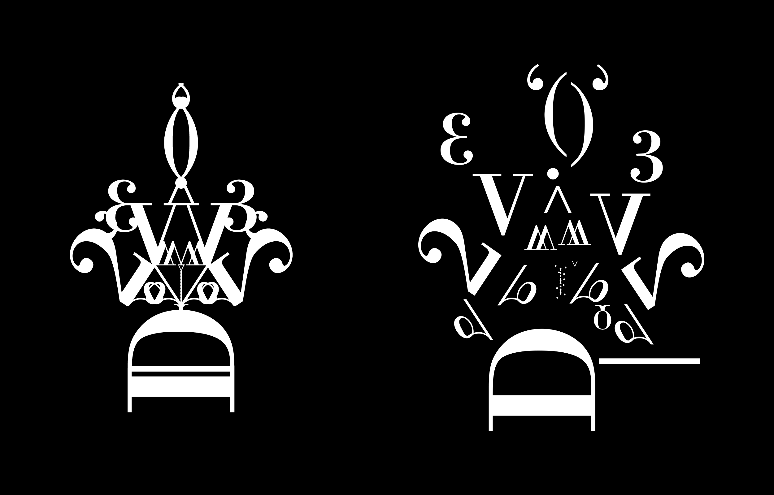 Two white letterform constructions with curly flourishes on black