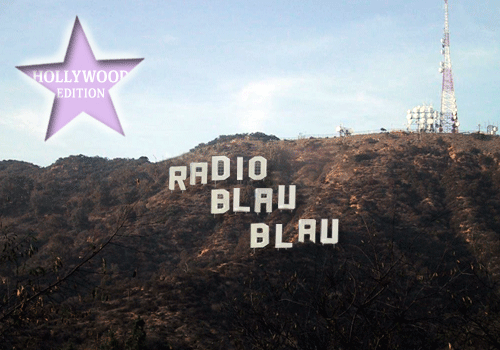 Radio Blau Blau lettering formed like a Hollywood sign on a hillside