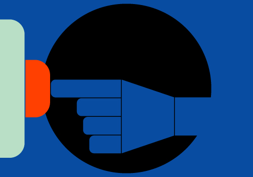 Bold blue, black and pale green abstract head-and-hand graphic