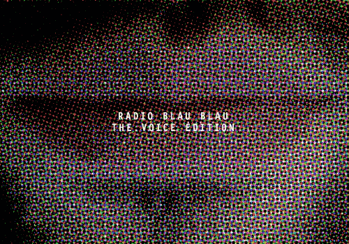Dense multicoloured dotted pattern with small Radio Blau Blau The Voice Edition text