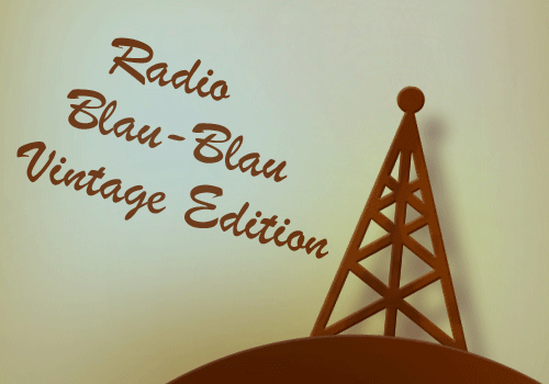 Brown radio tower silhouette with Radio Blau Blau Vintage Edition script