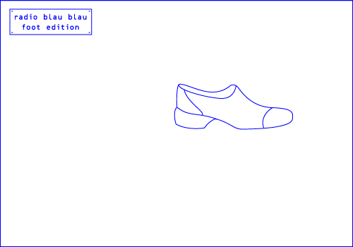 Blue line drawing of a shoe on white with small Radio Blau Blau label