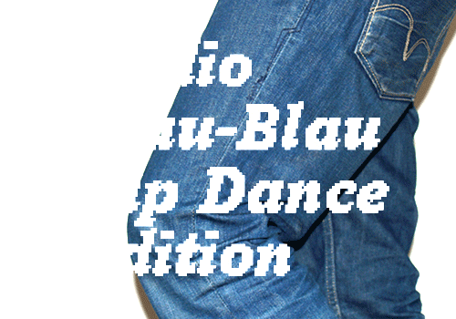Blue denim trouser leg overlaid with white pixelated edition lettering