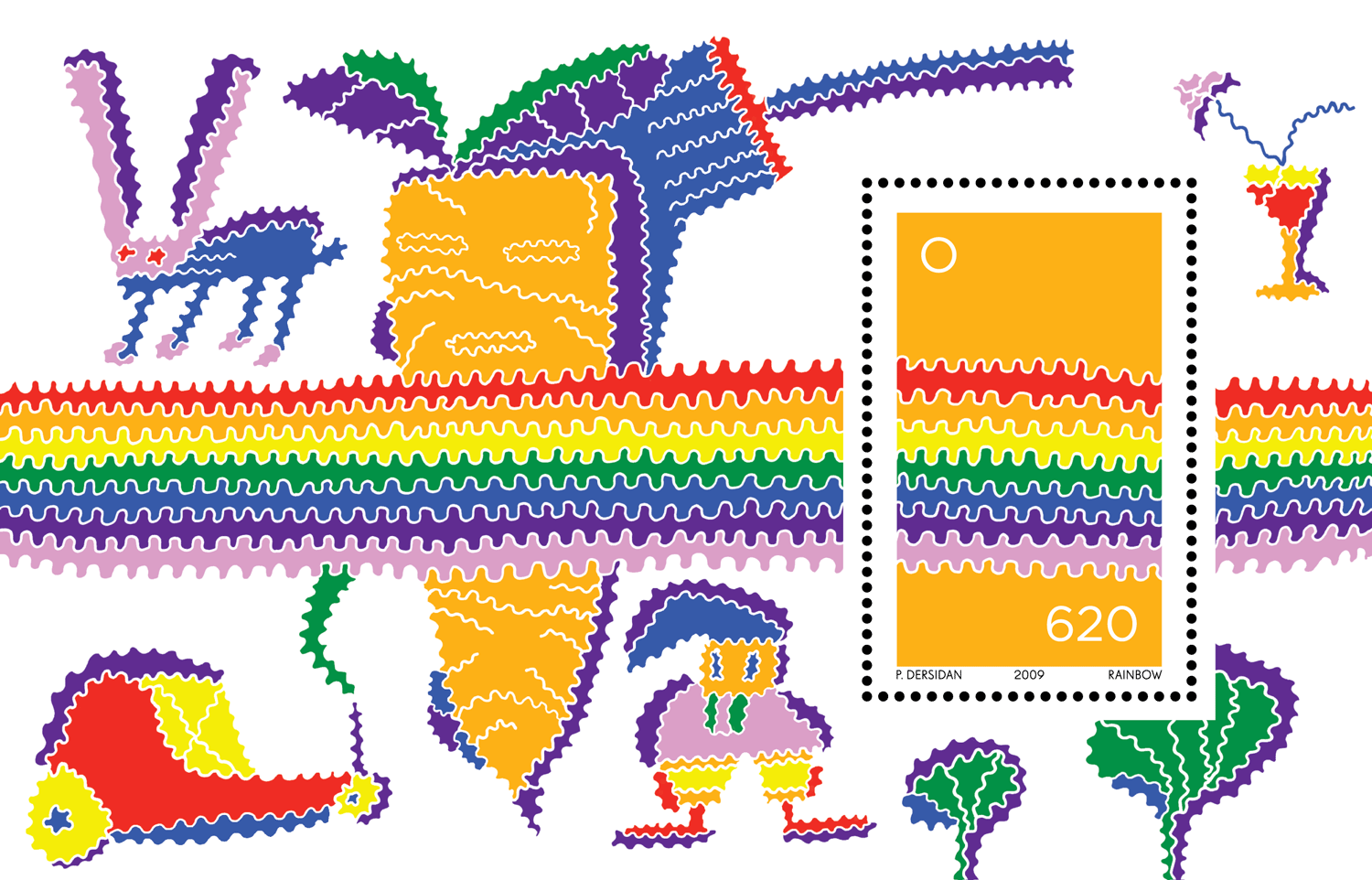 Rainbow-striped collage with animal-like figures, books and an orange colour swatch