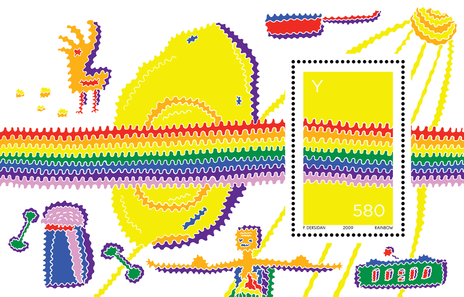 Rainbow-striped collage with a yellow sun, bird and yellow colour swatch
