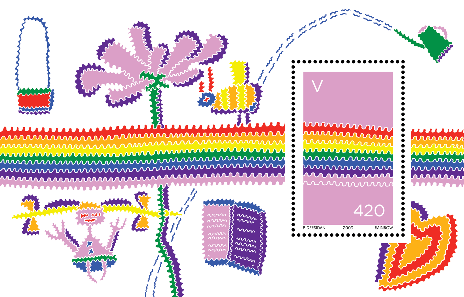 Rainbow-striped collage with pink flowers, clothing and pink colour swatch