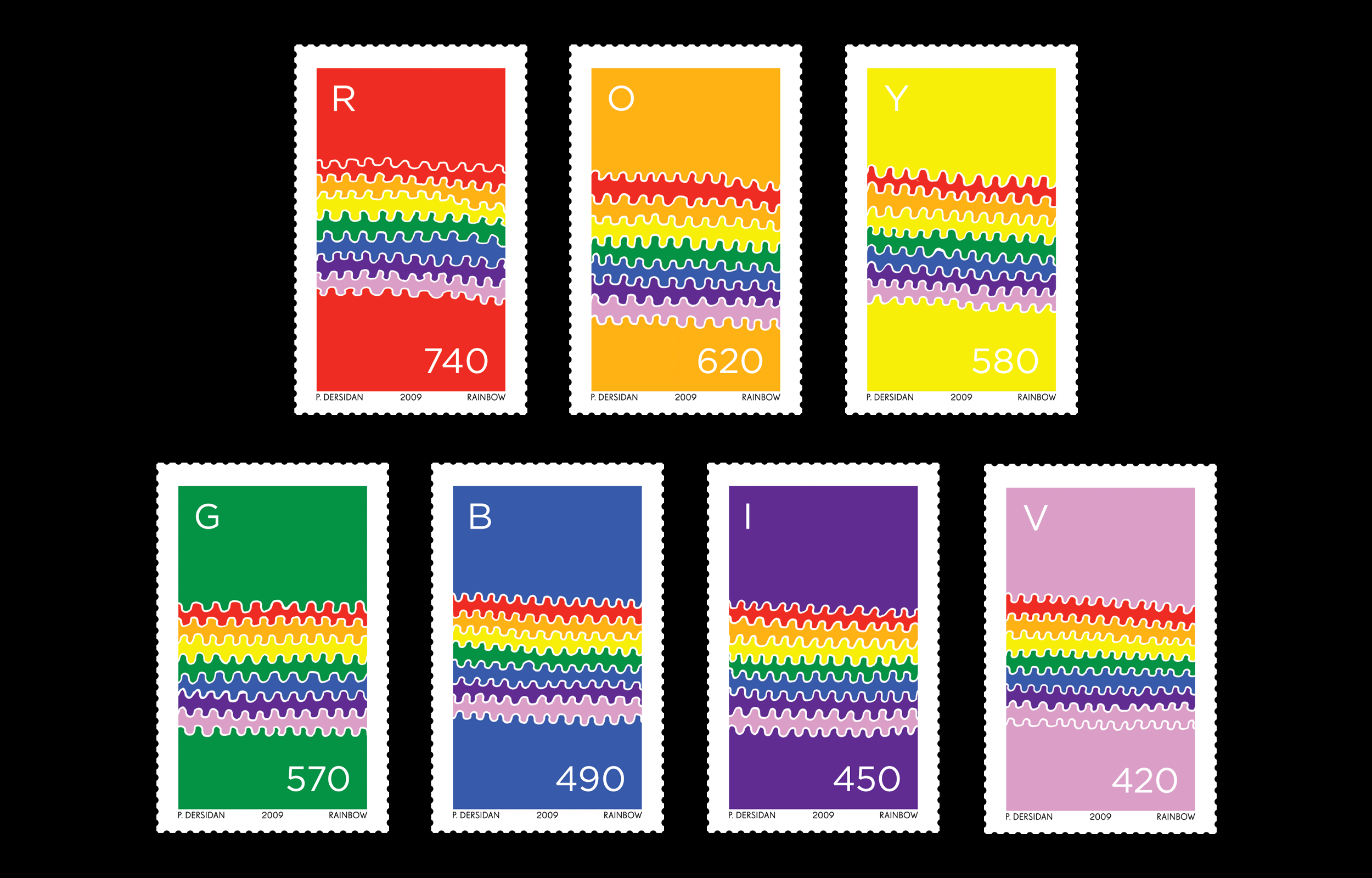 Six rainbow-striped colour swatches labelled R, O, Y, G, B, I and V on black
