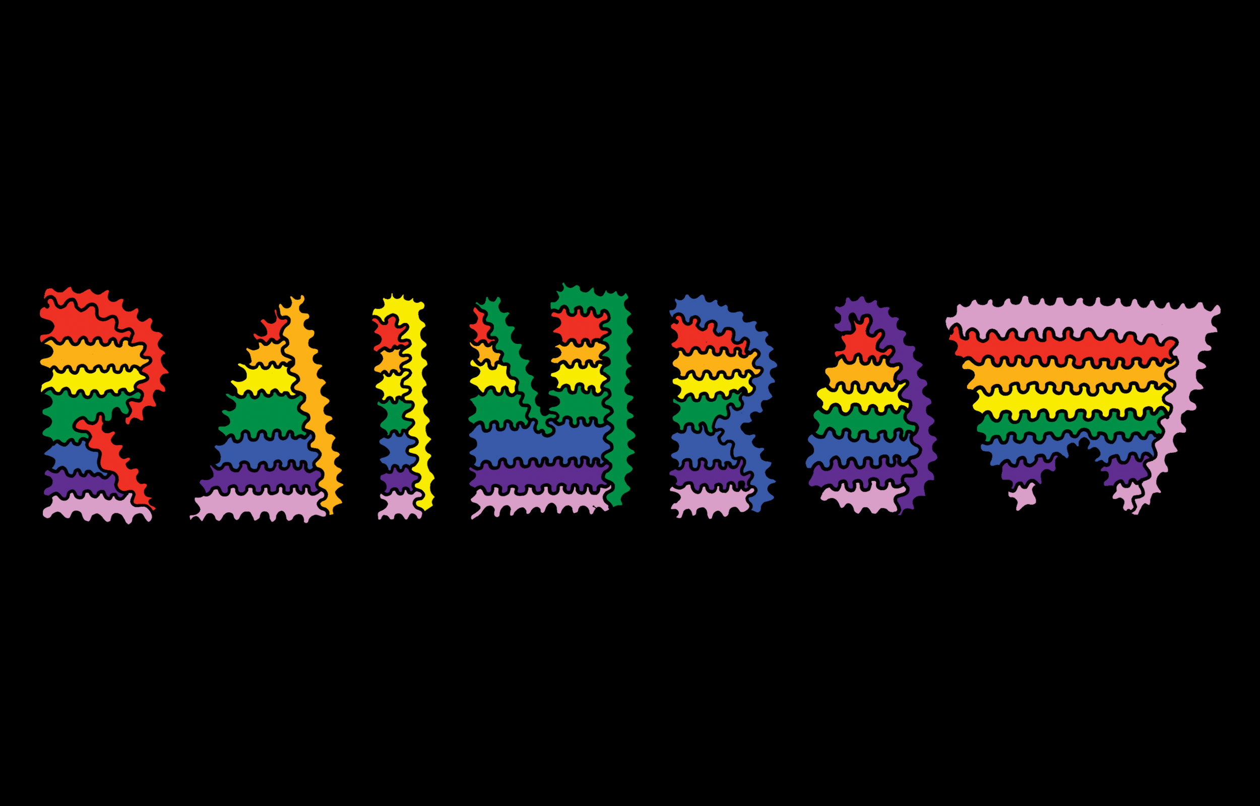 The word RAINBOW in multicoloured striped lettering on black