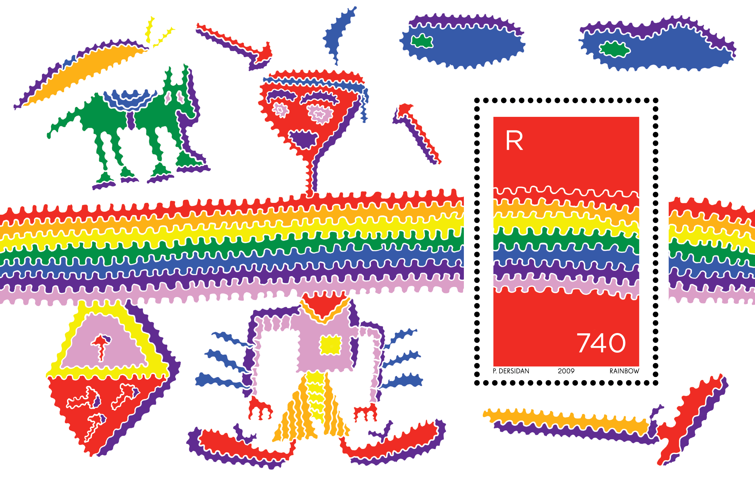 Rainbow-striped collage with a horse, face, figures and a red colour swatch