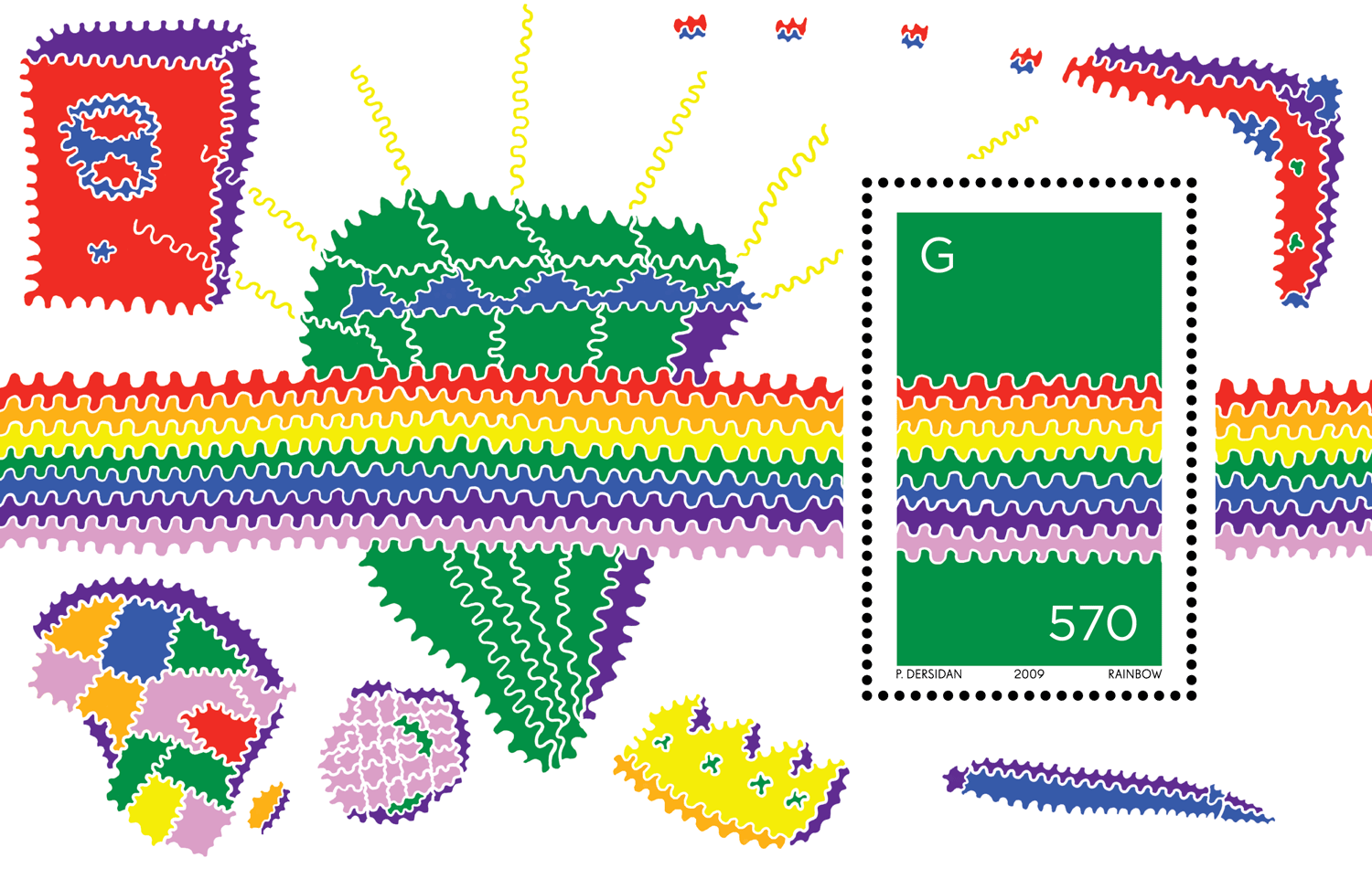 Rainbow-striped collage with a green figure, leaves and green colour swatch