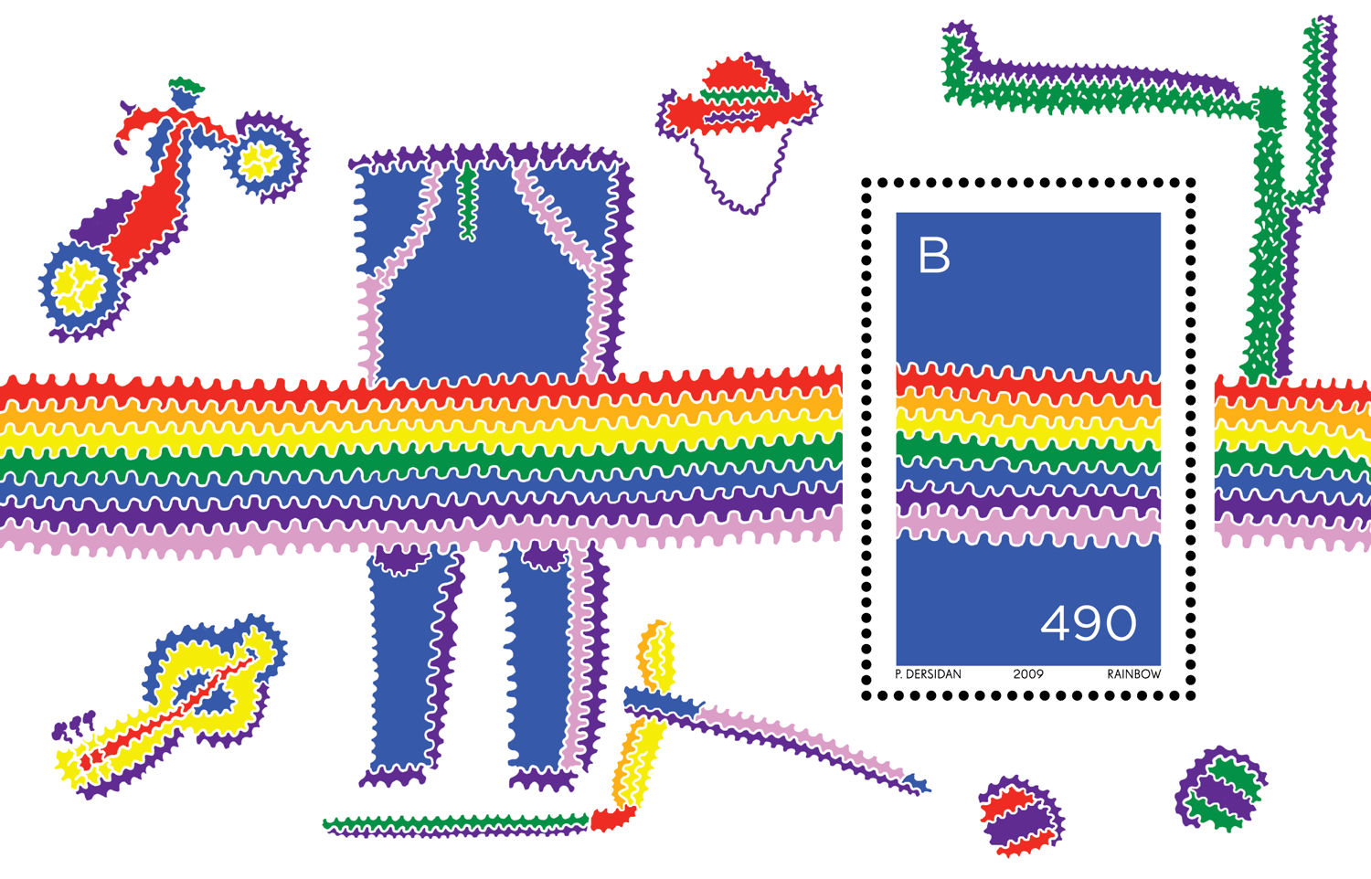 Rainbow-striped collage with blue trousers, a bicycle and blue colour swatch