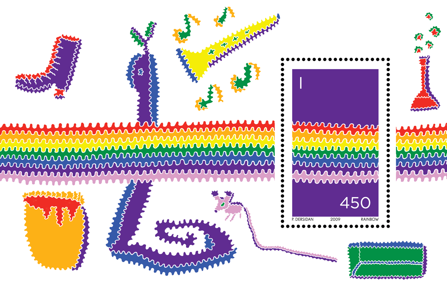 Rainbow-striped collage with a boot, musical notes and purple colour swatch