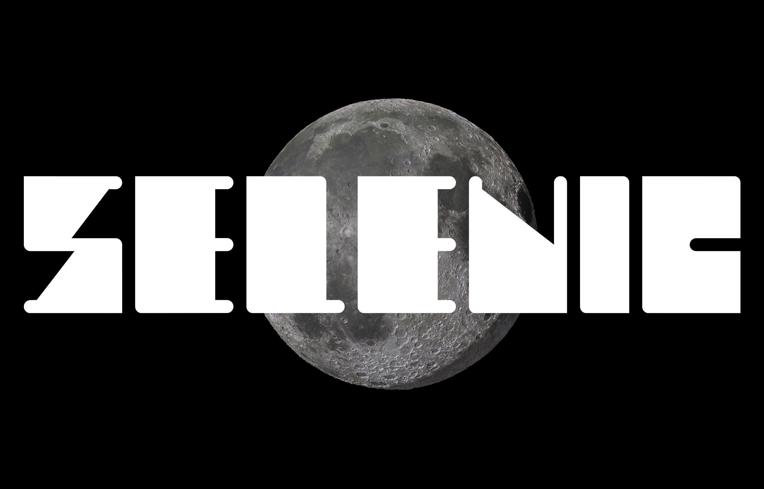 White Selenic lettering laid across a grey moon on black