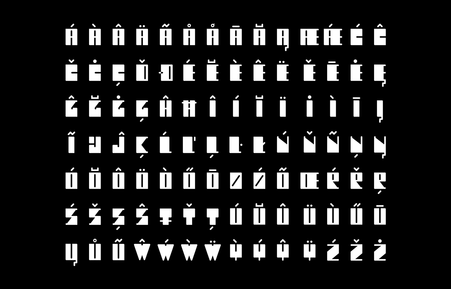 Dense white Selenic character set arranged in rows on black