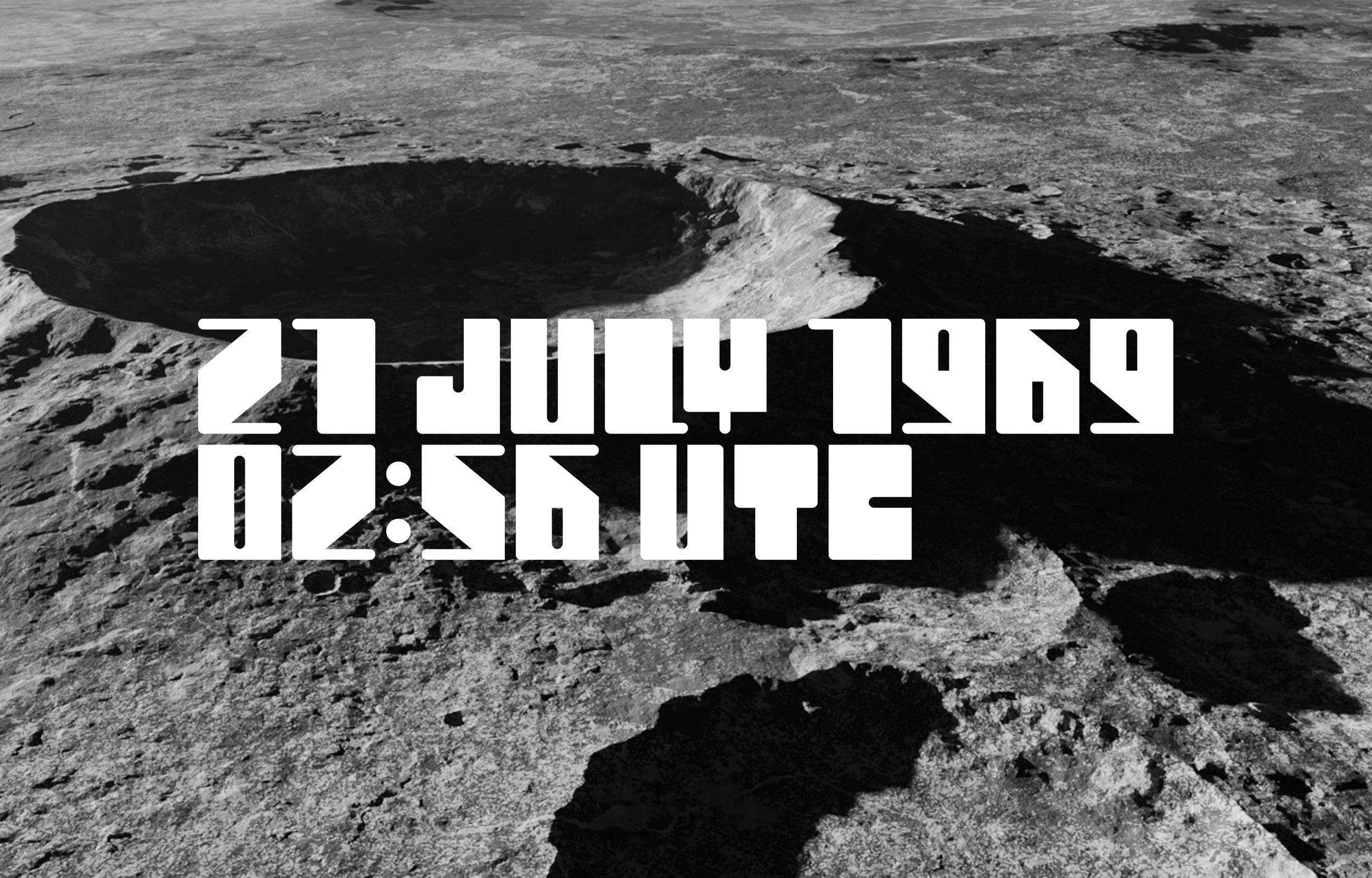 White lunar coordinates and date lettering over a black-and-white crater photograph