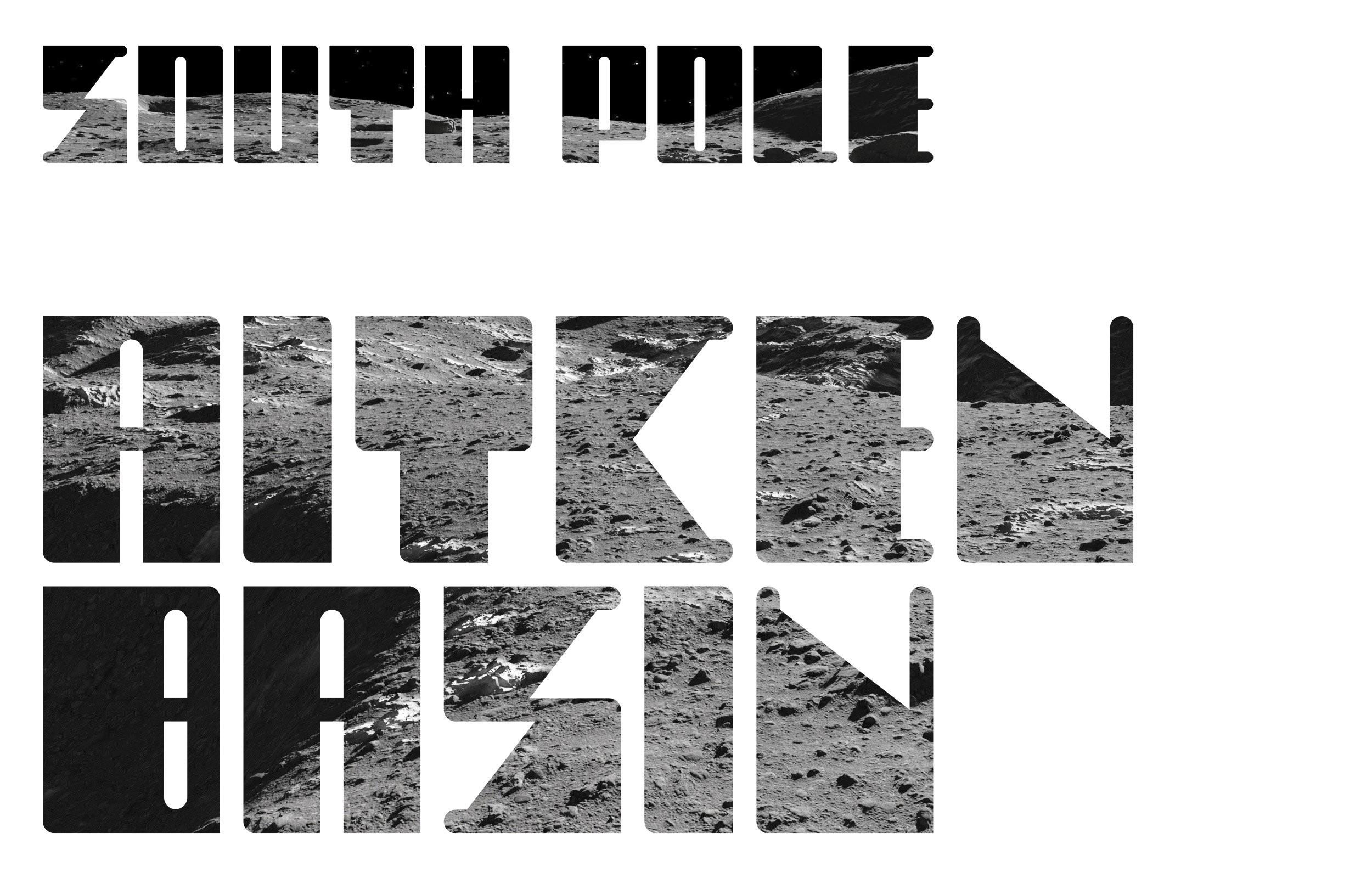 South Pole and Aitken Basin lettering over a black-and-white lunar surface photograph