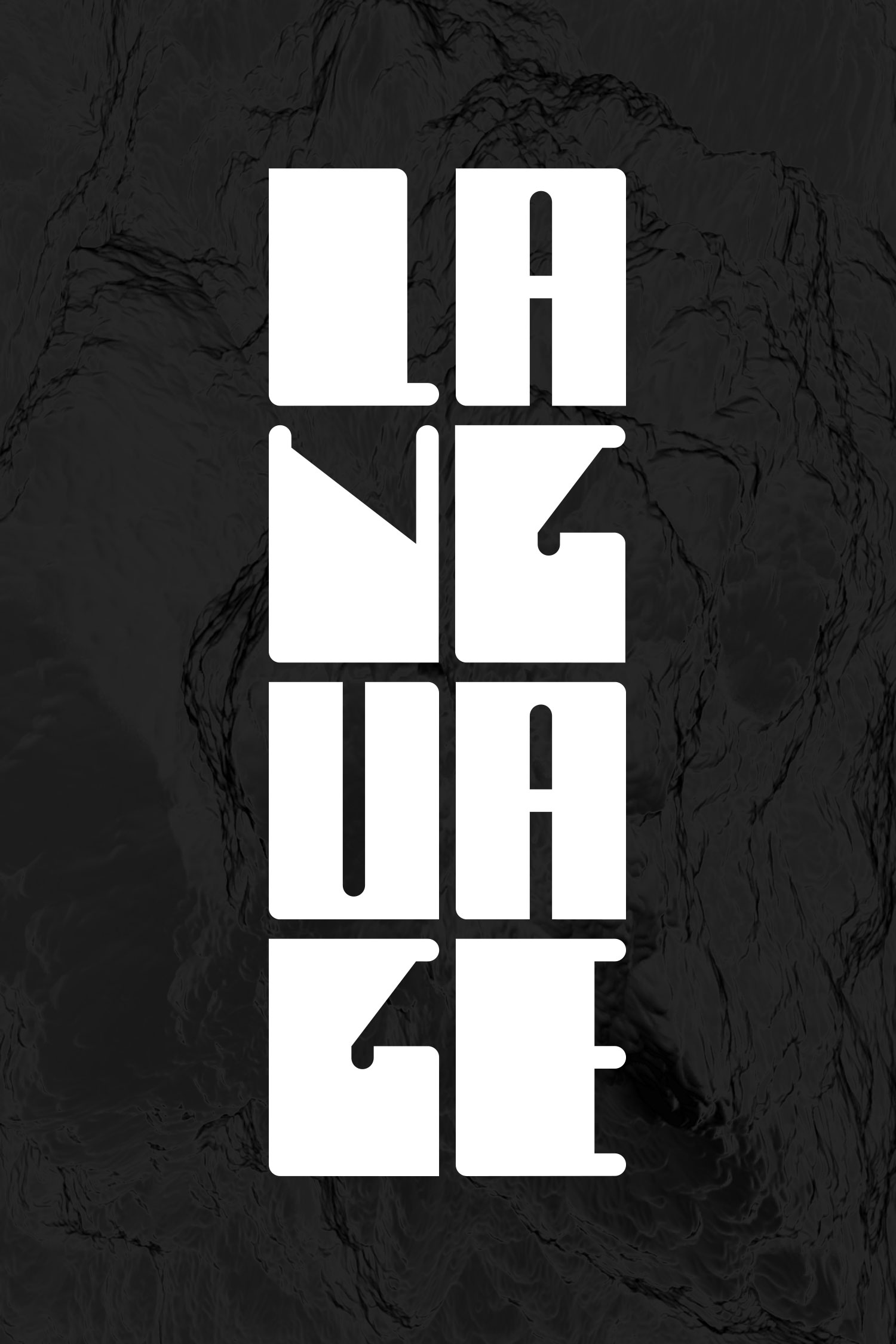 Tall white vertical angular wordmark set on a dark rocky textured background