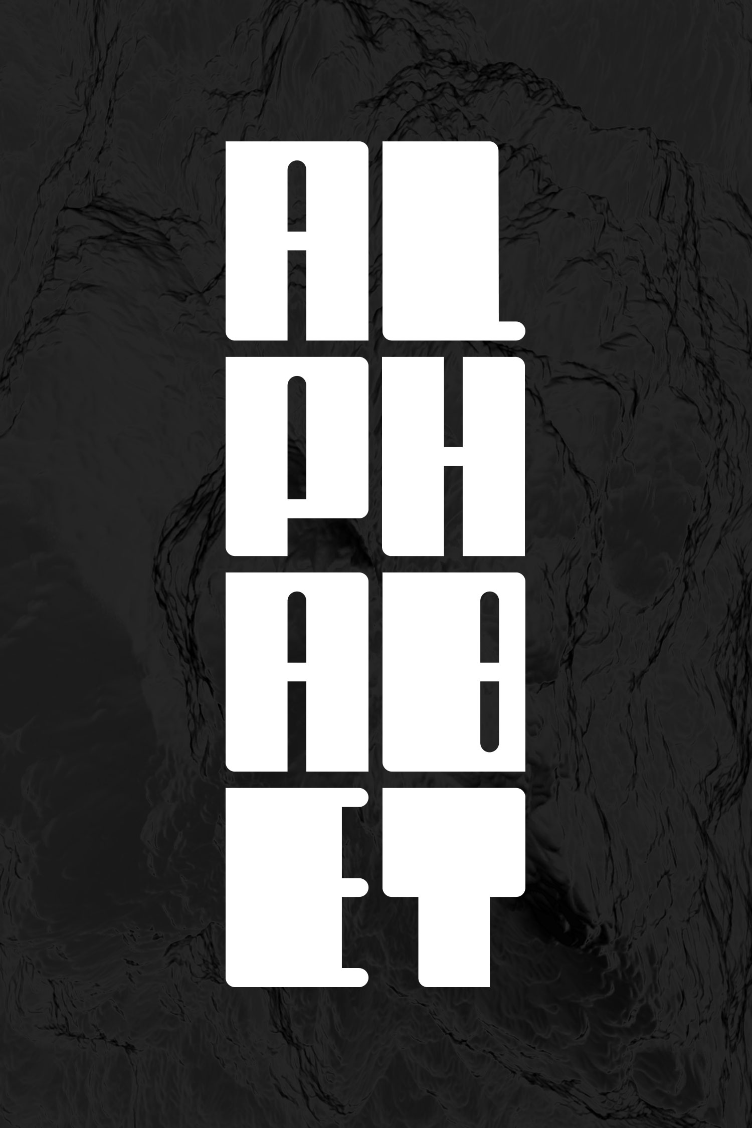Tall white vertical wordmark set on a dark rocky textured background