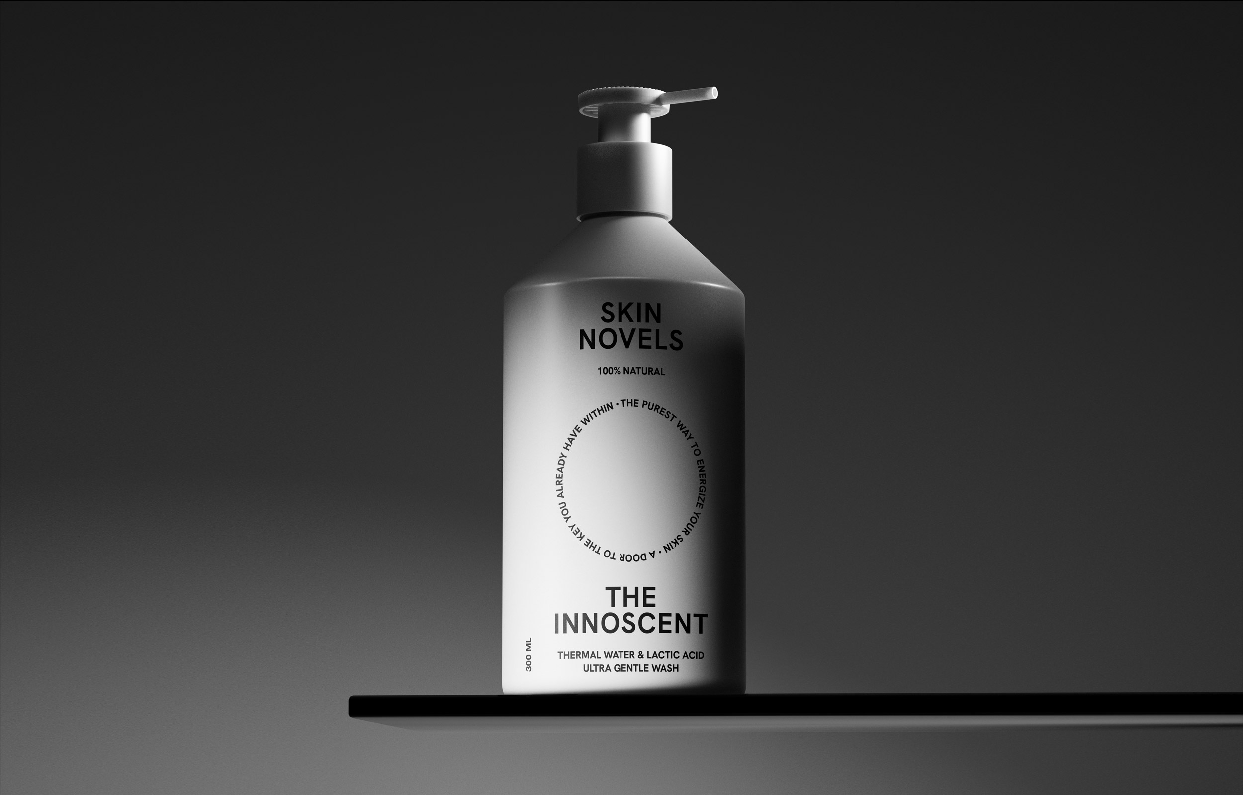 Grey Skin Novels The Innocent pump bottle standing on a dark reflective surface
