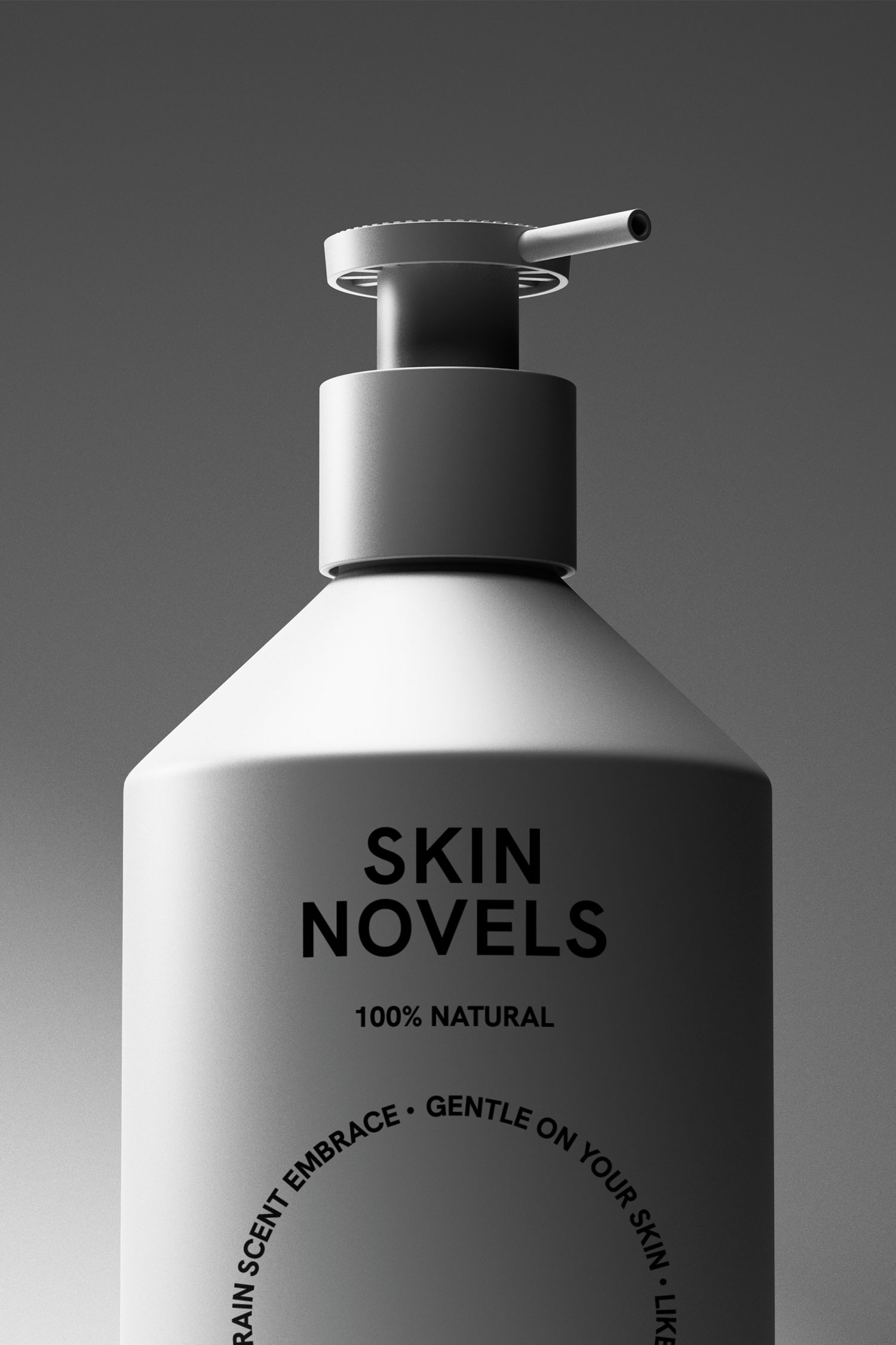 Close-up of a grey Skin Novels pump bottle label and dispenser
