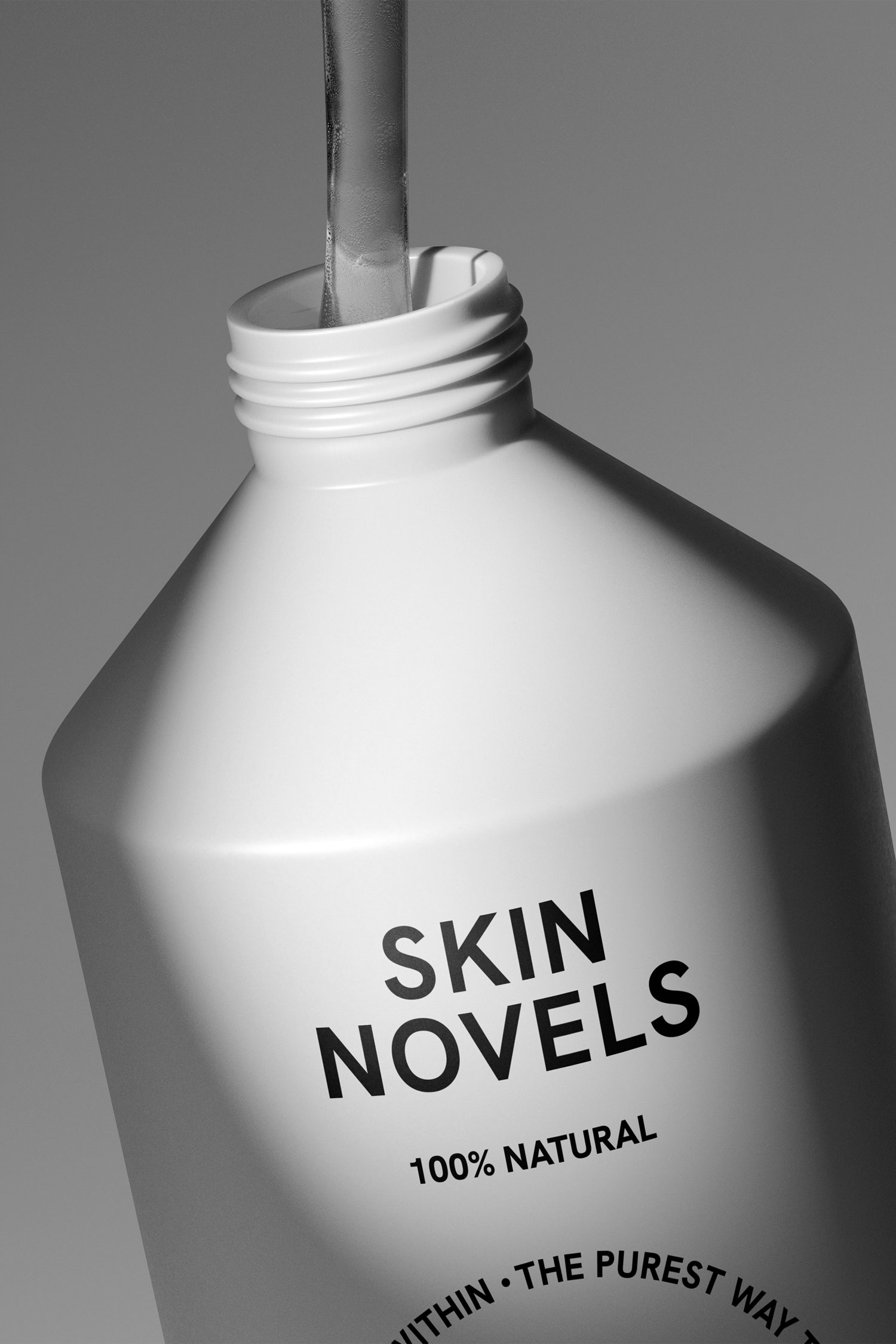 Close-up of an open Skin Novels bottle with a clear liquid stream entering it