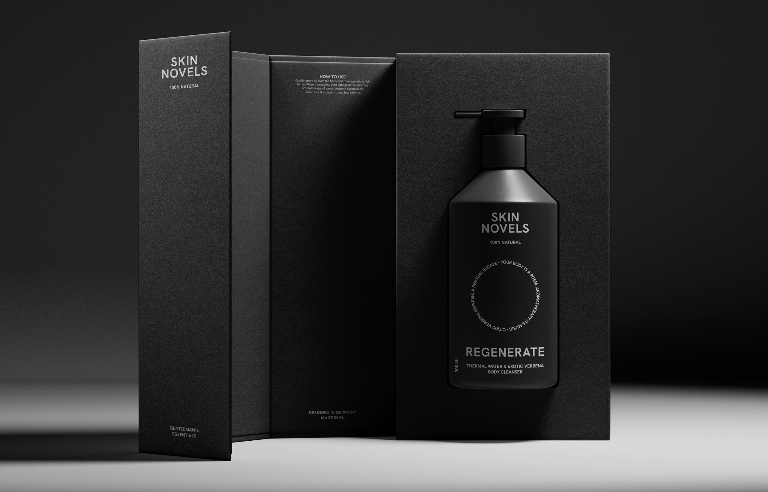 Black Skin Novels Regenerate bottle displayed beside two tall black cartons