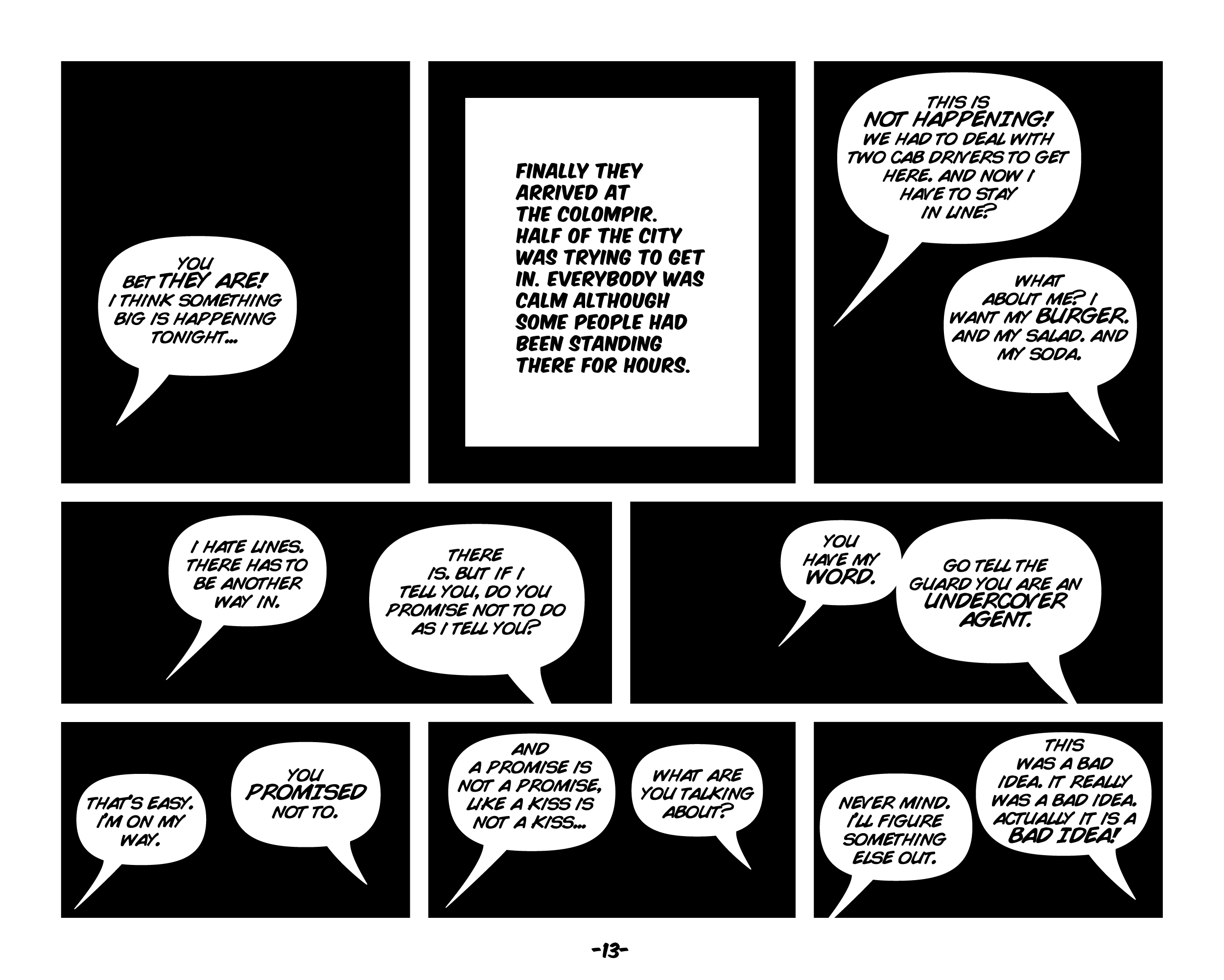 Black comic-panel grid with white speech balloons and a central text panel