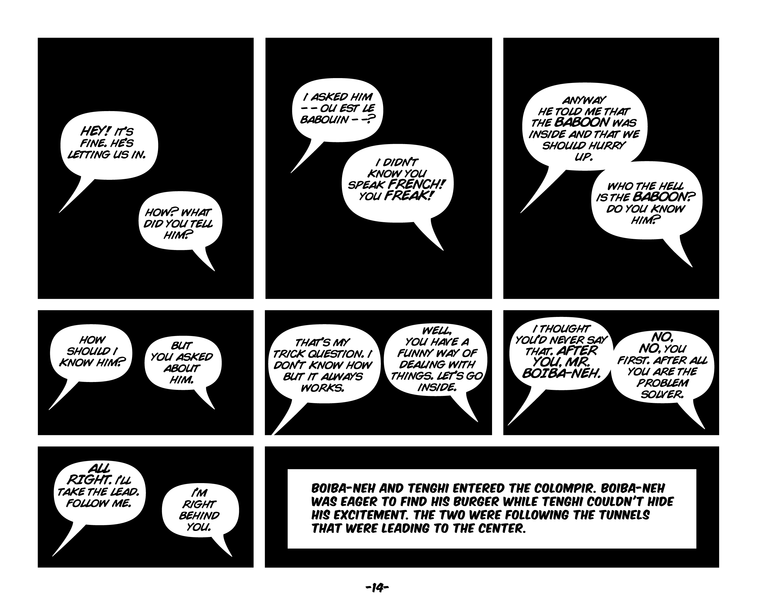 Two rows of black comic panels containing white speech balloons and text