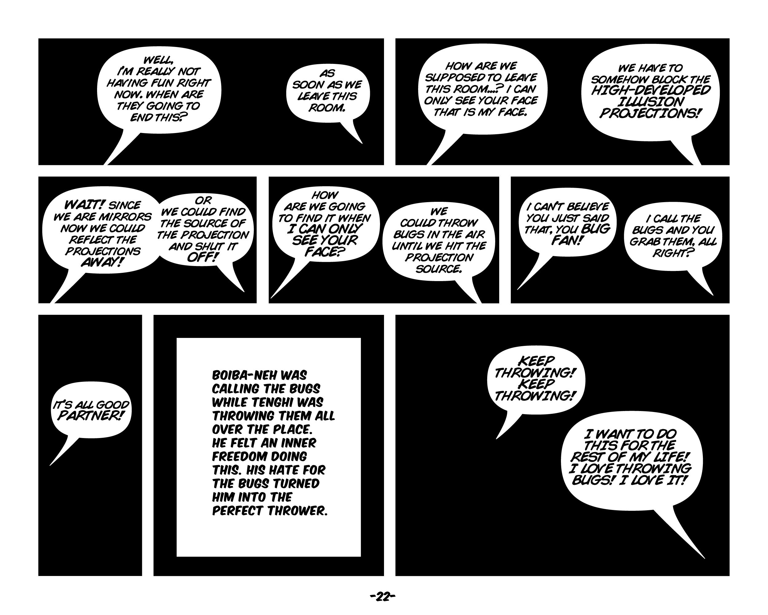 Black comic-panel page with clustered white speech balloons and text boxes